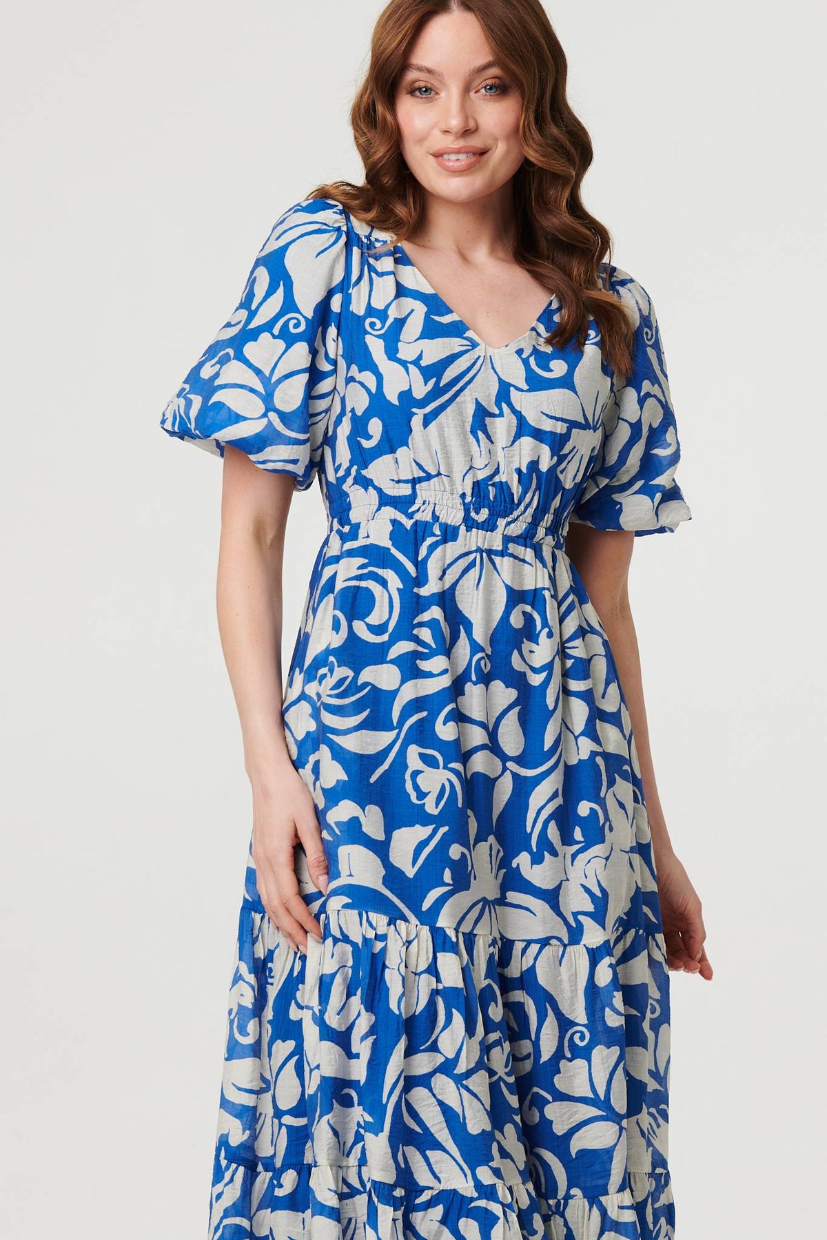 Floral Puff Sleeve Tiered Midi Dress Front View 2