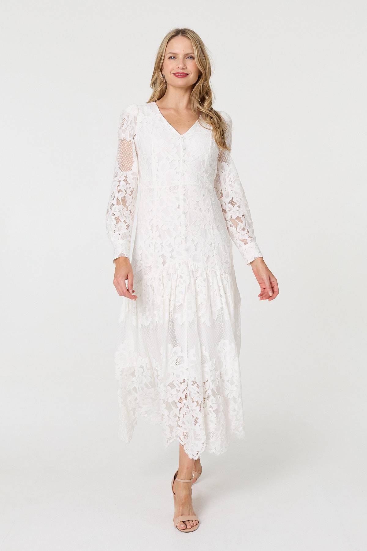 Floral Lace Layer Long Sleeve Maxi Dress Full Length View