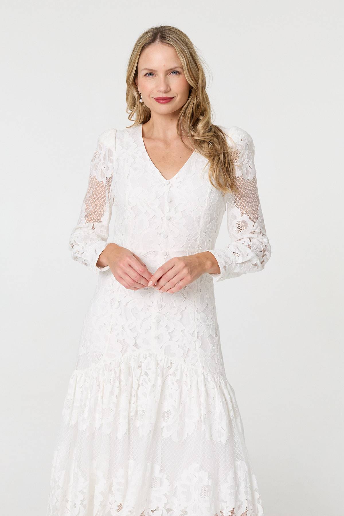 Floral Lace Layer Long Sleeve Maxi Dress Styled View