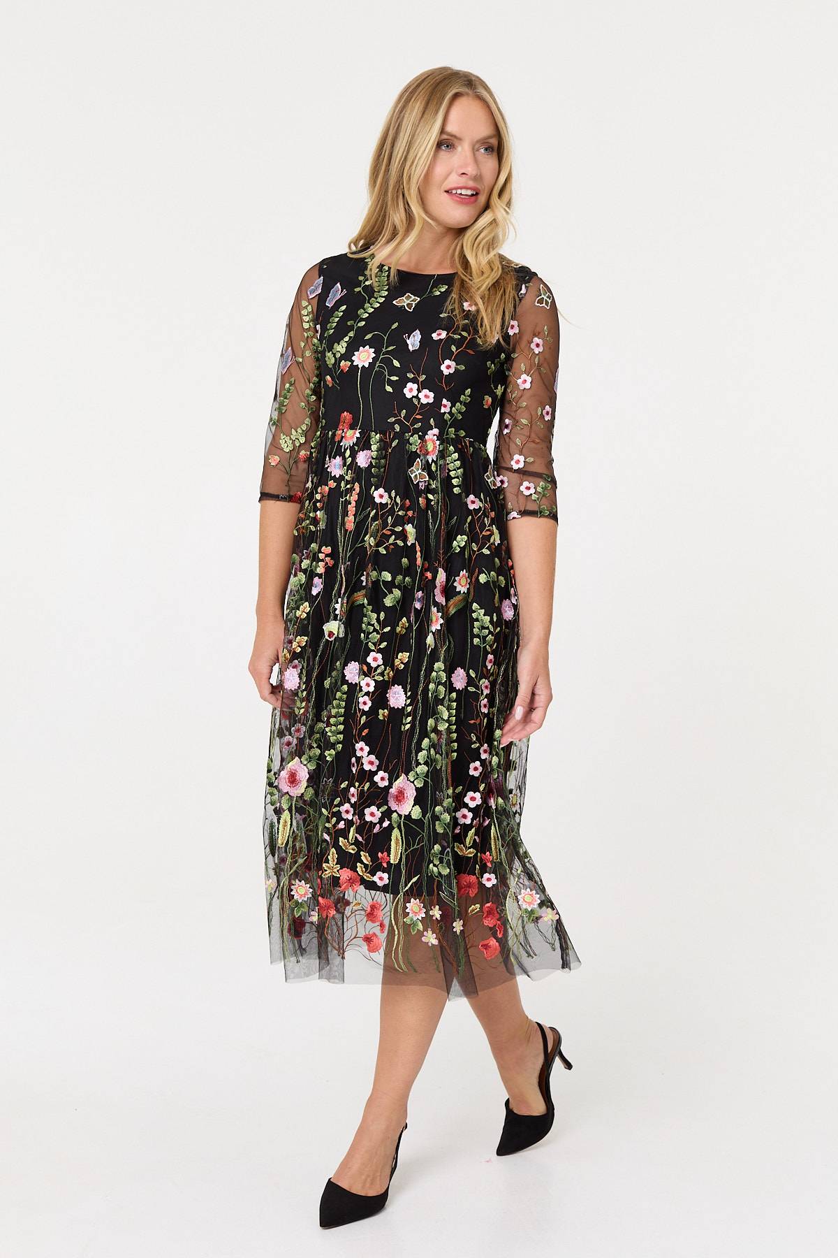 Floral Embroidered Mesh Midi Dress Front View