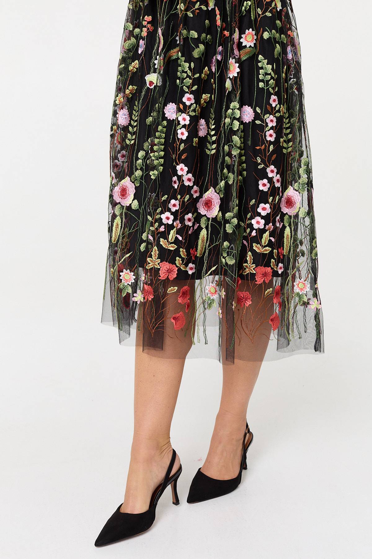 Floral Embroidered Mesh Midi Dress Styled View