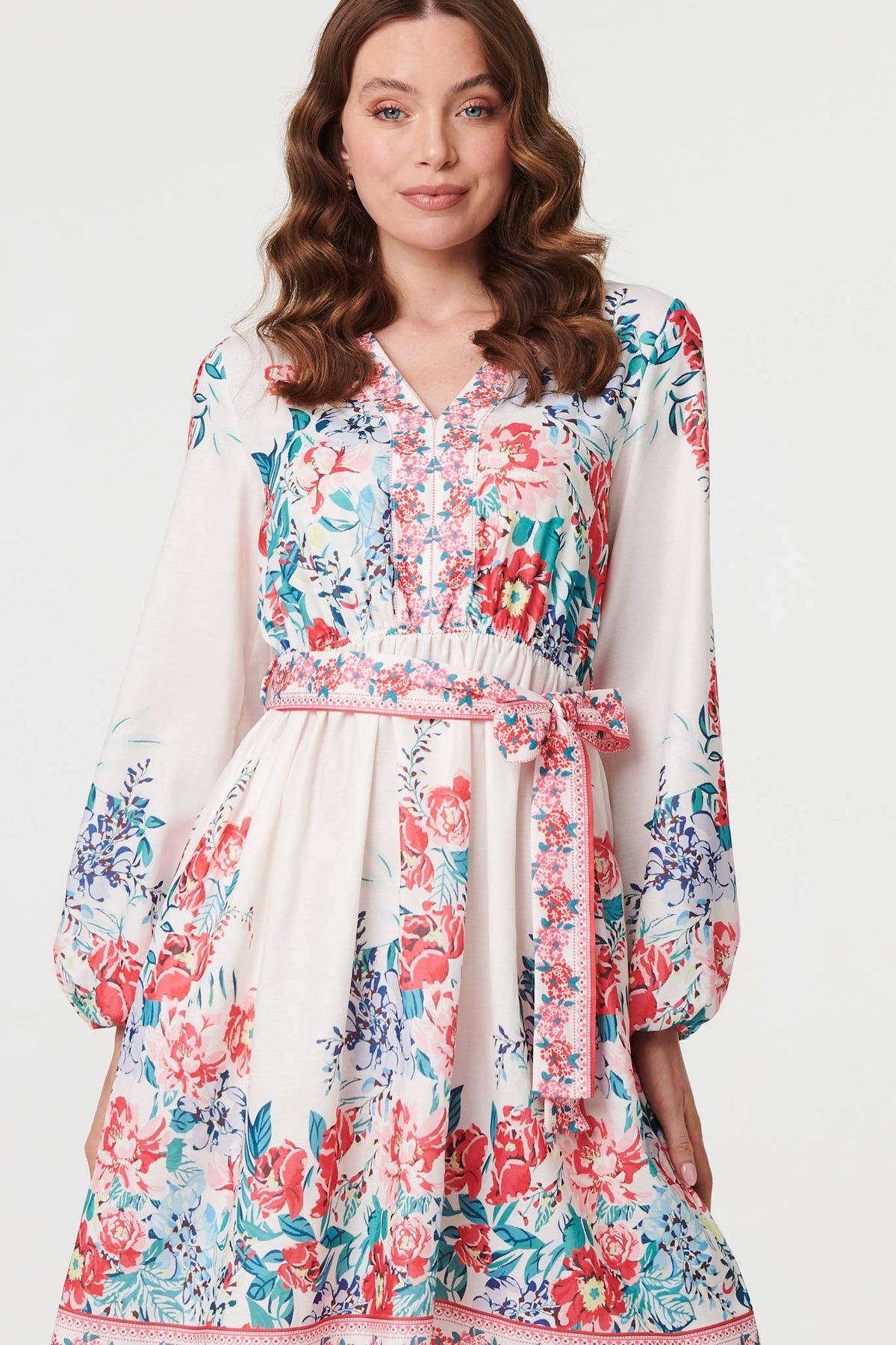 Floral Tie Waist Long Sleeve Short Dress Full Length View
