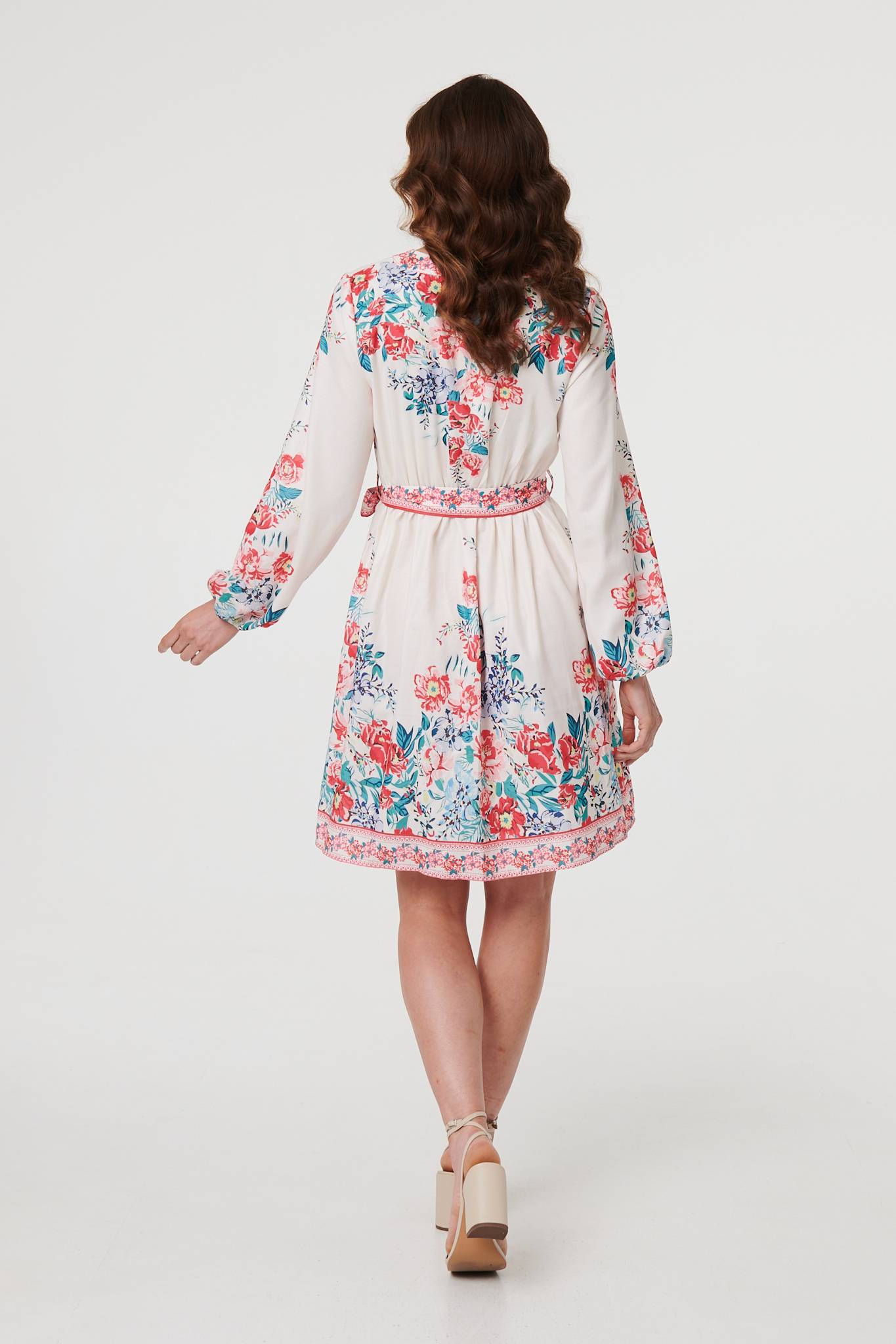 Floral Tie Waist Long Sleeve Short Dress Detail View