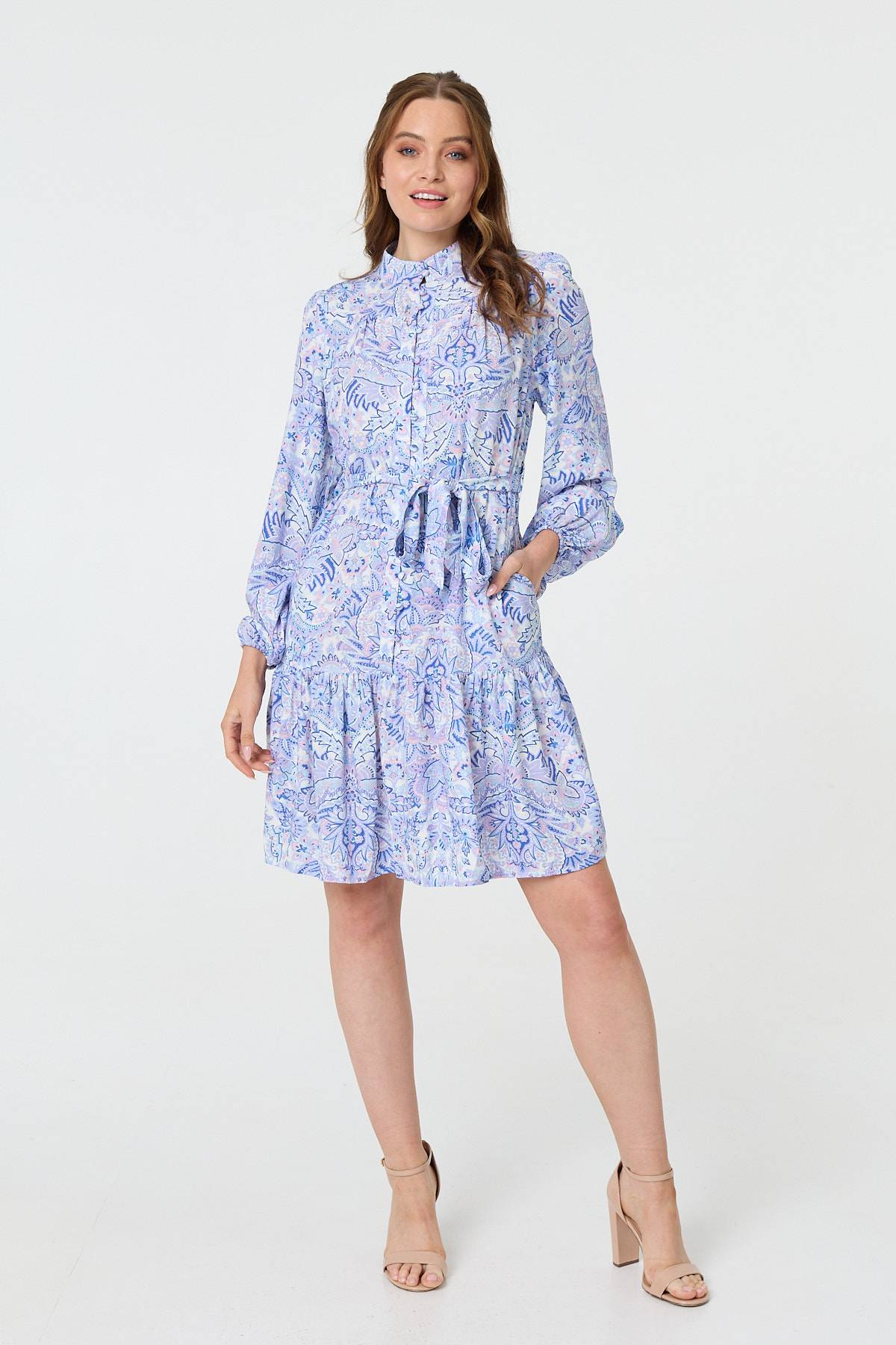 Printed High Neck Short Shirt Dress Back View
