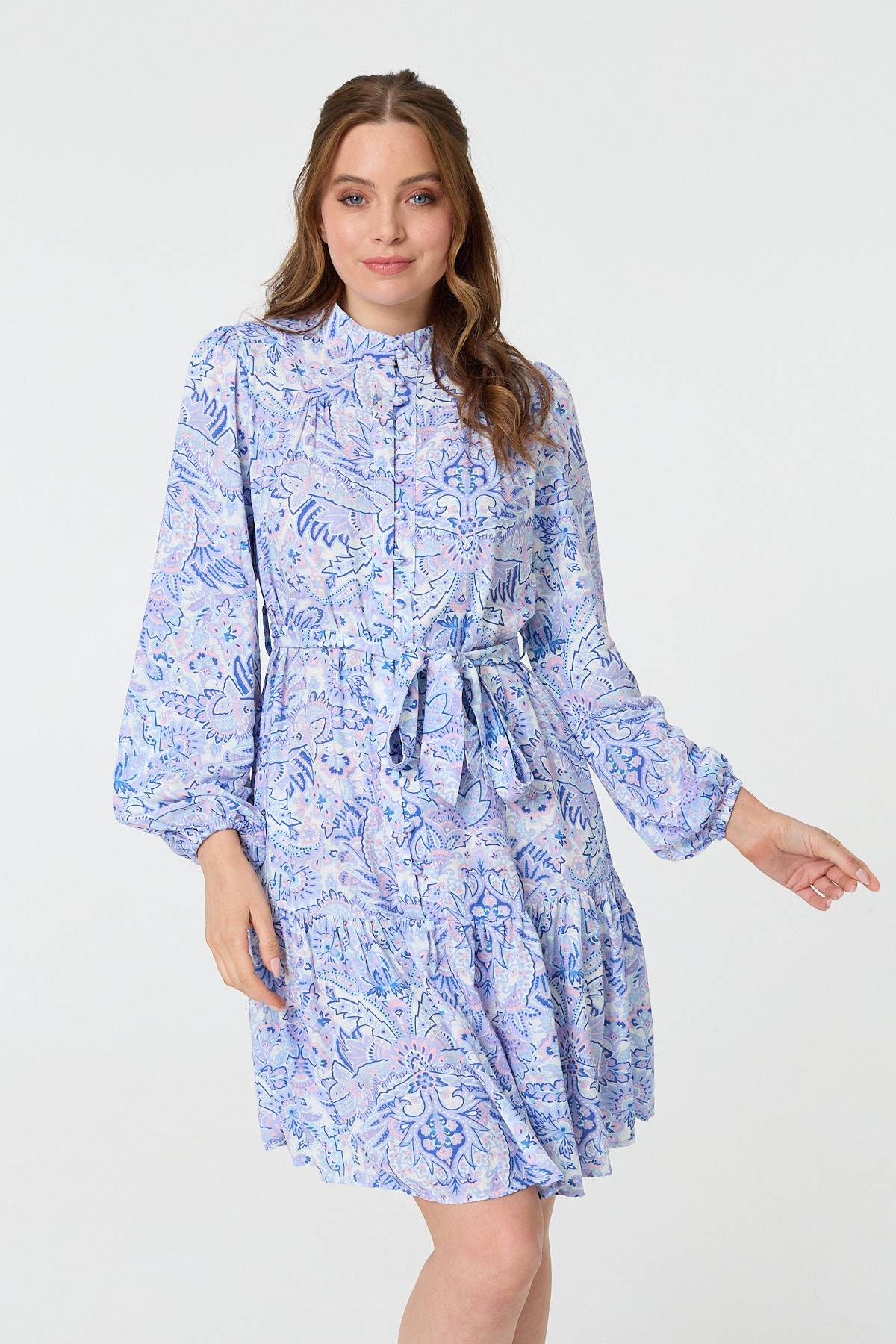 Printed High Neck Short Shirt Dress Front View