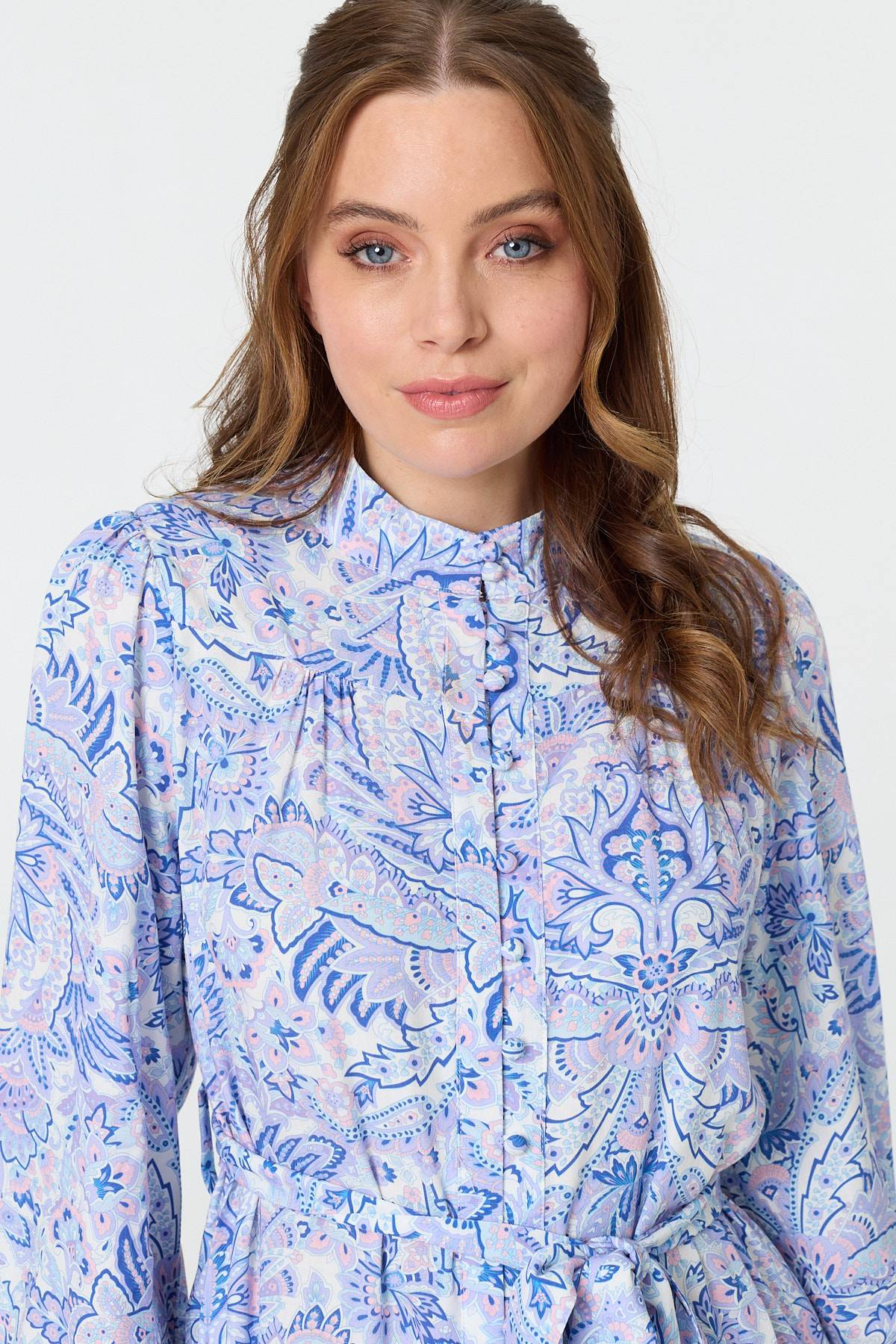Printed High Neck Short Shirt Dress Full Length View