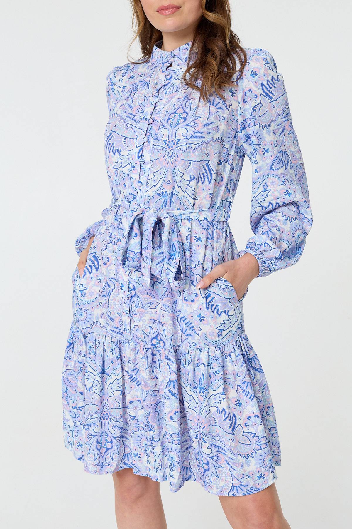 Printed High Neck Short Shirt Dress Styled View