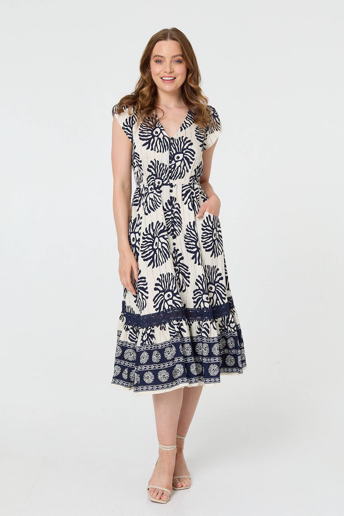 Floral Cap Sleeve Lace Midi Dress Front View