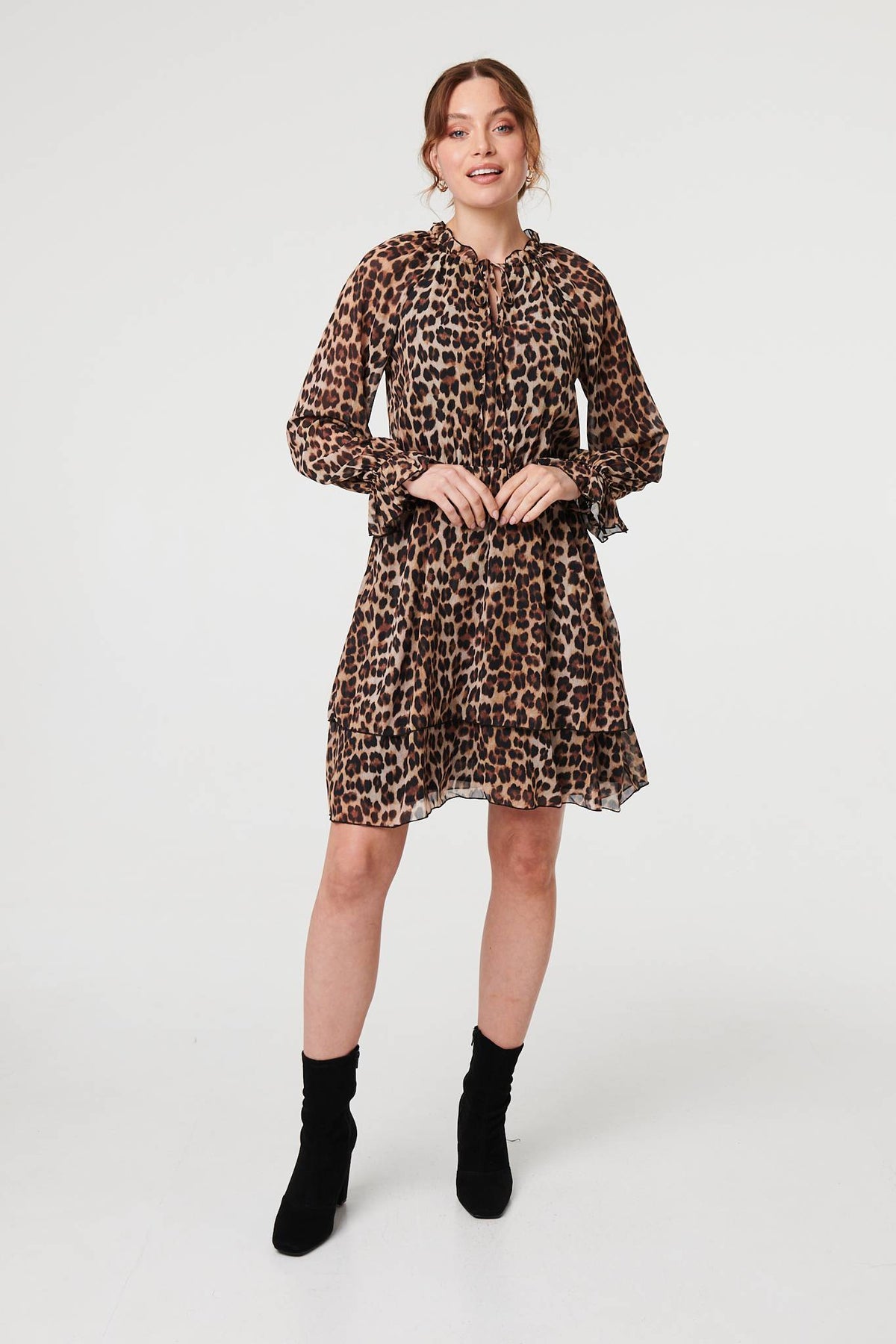Animal Print Ruched Tie Neck Short Dress Back View 2