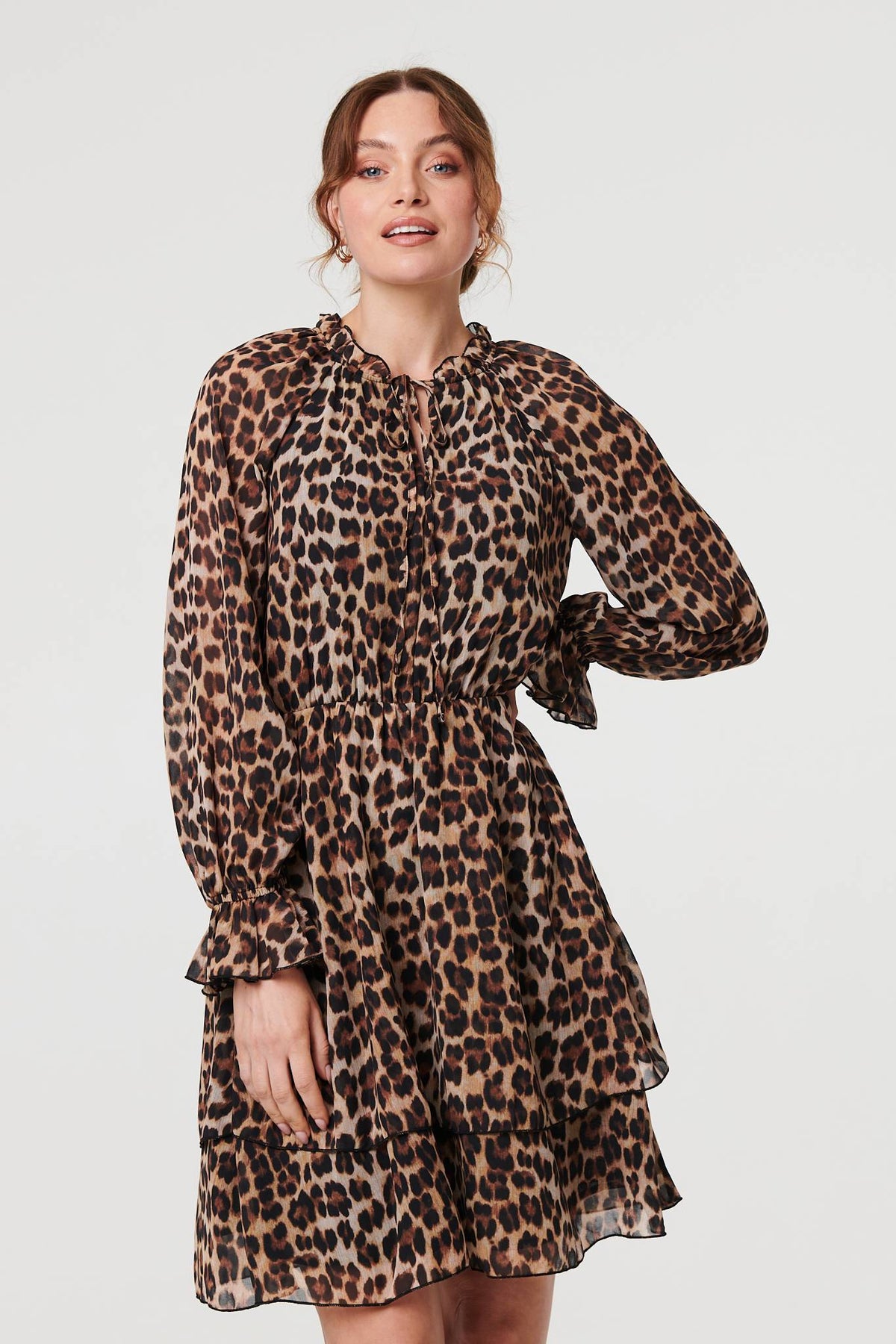 Animal Print Ruched Tie Neck Short Dress Front View