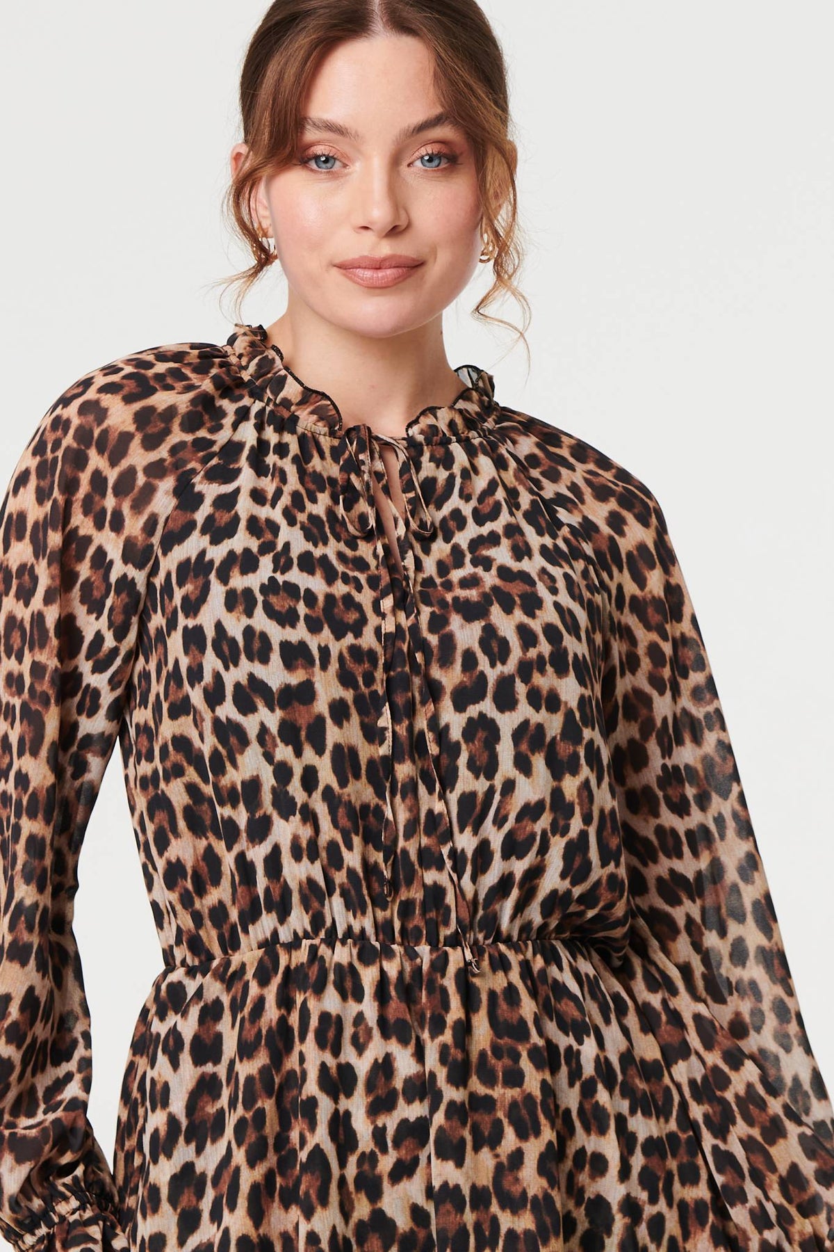 Animal Print Ruched Tie Neck Short Dress Full Length View