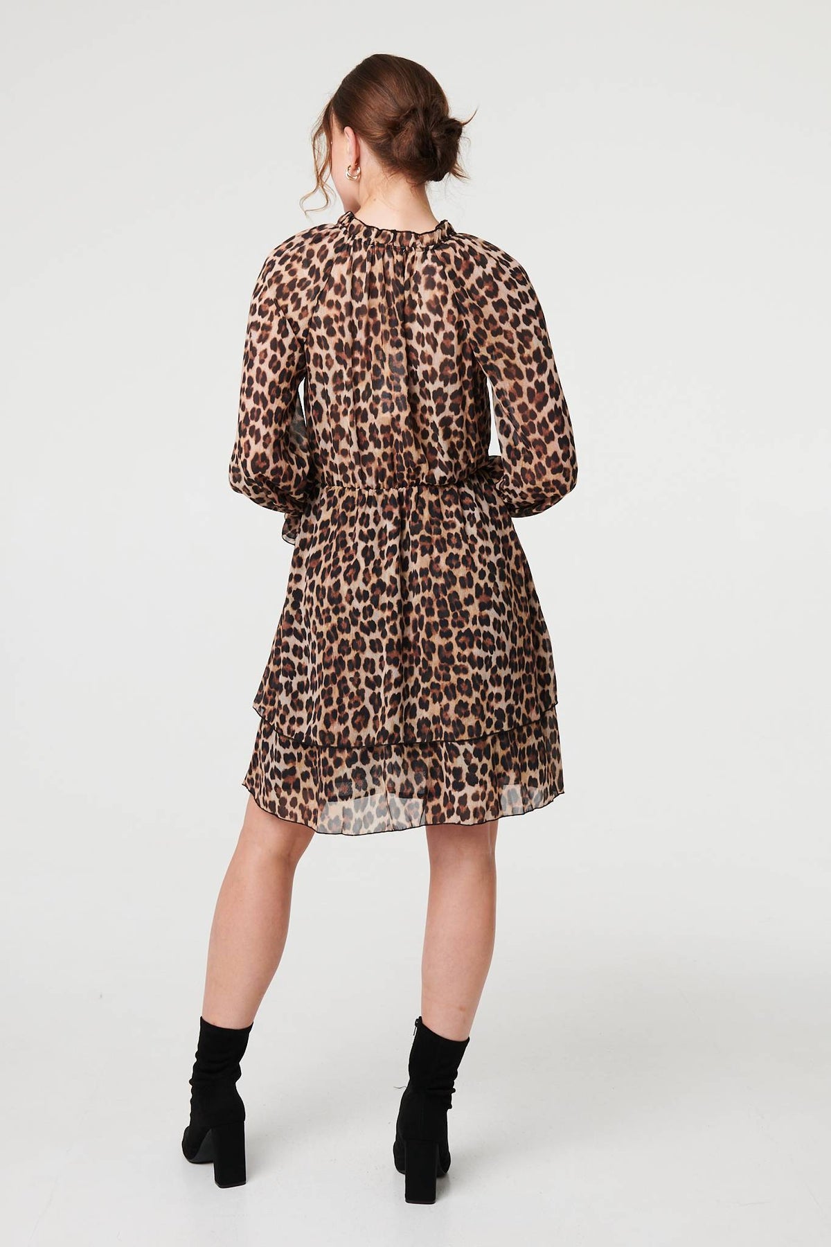 Animal Print Ruched Tie Neck Short Dress Styled View