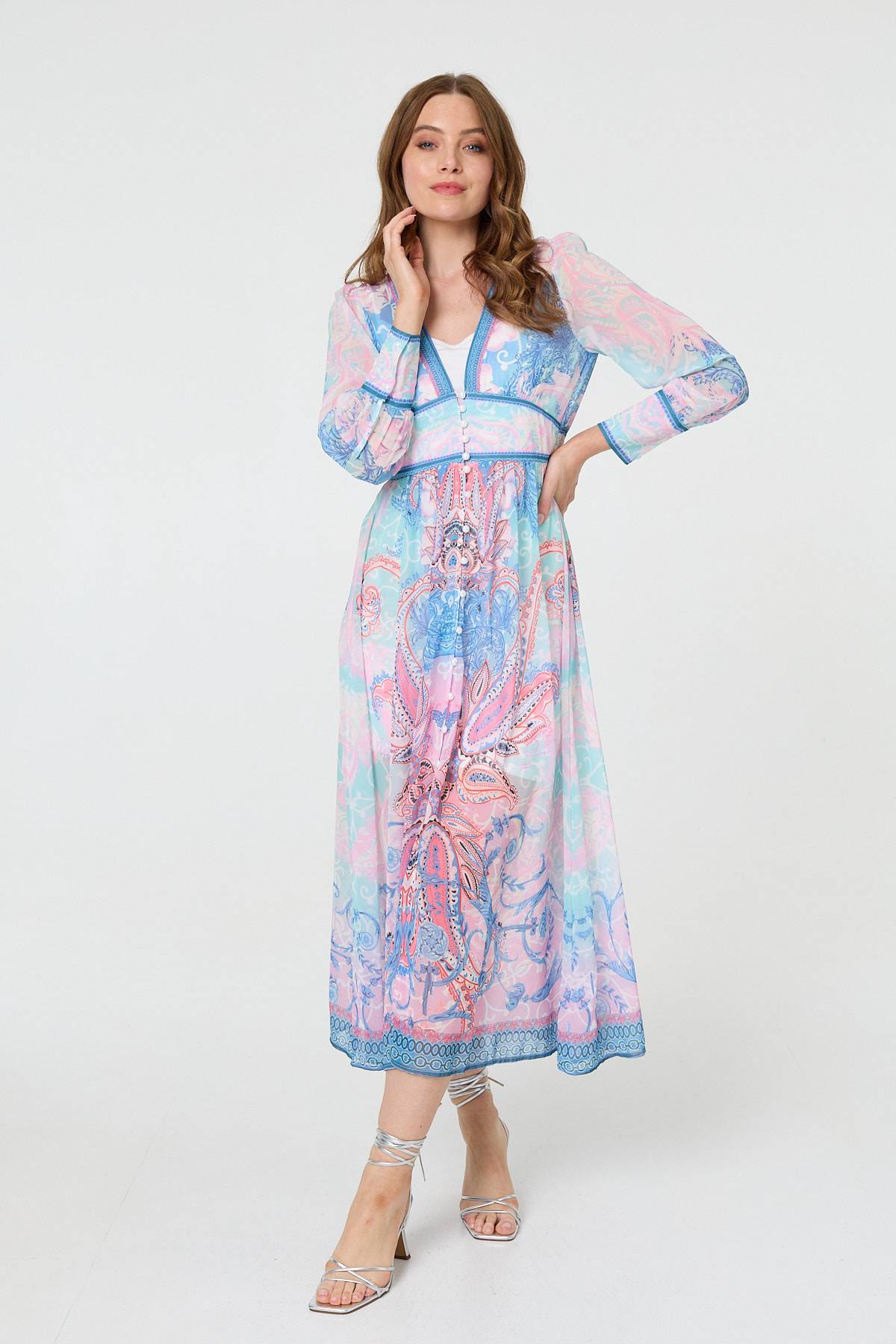 Border Print Layered Empire Maxi Dress Front View 2
