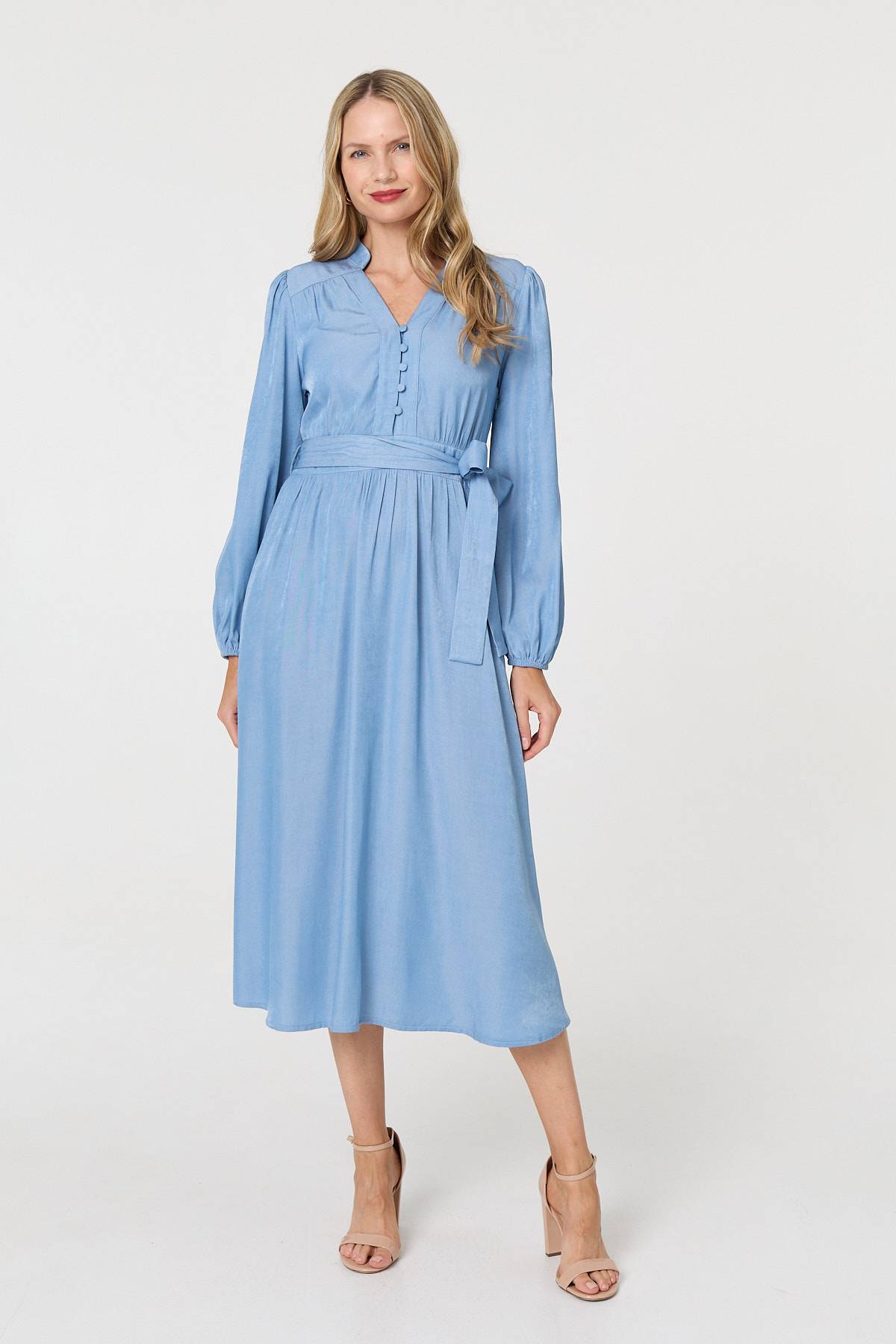 Long Sleeve Empire Tie Waist Midi Dress Front View 2