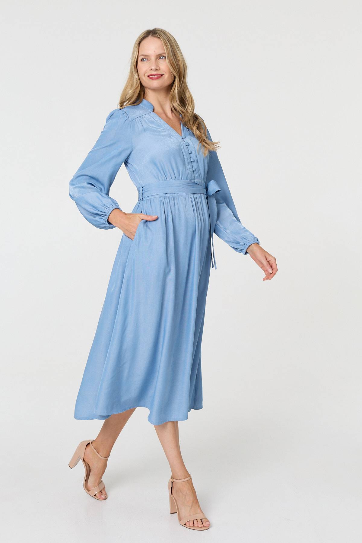 Long Sleeve Empire Tie Waist Midi Dress Full Length View