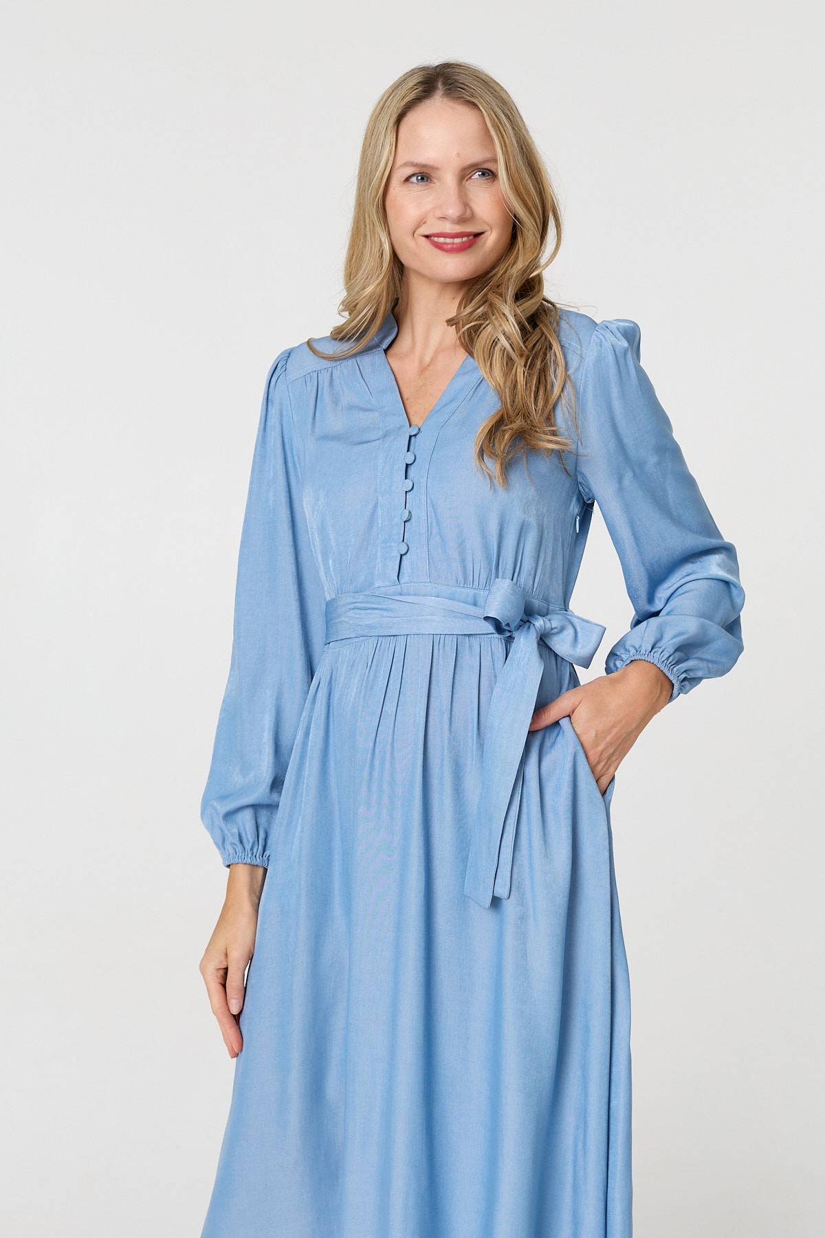 Long Sleeve Empire Tie Waist Midi Dress Back View