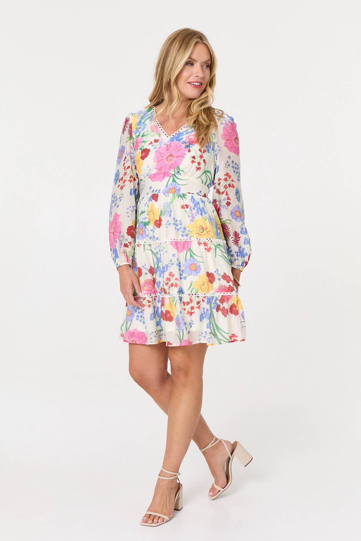 Floral Long Sleeve Tiered Short Dress Back View