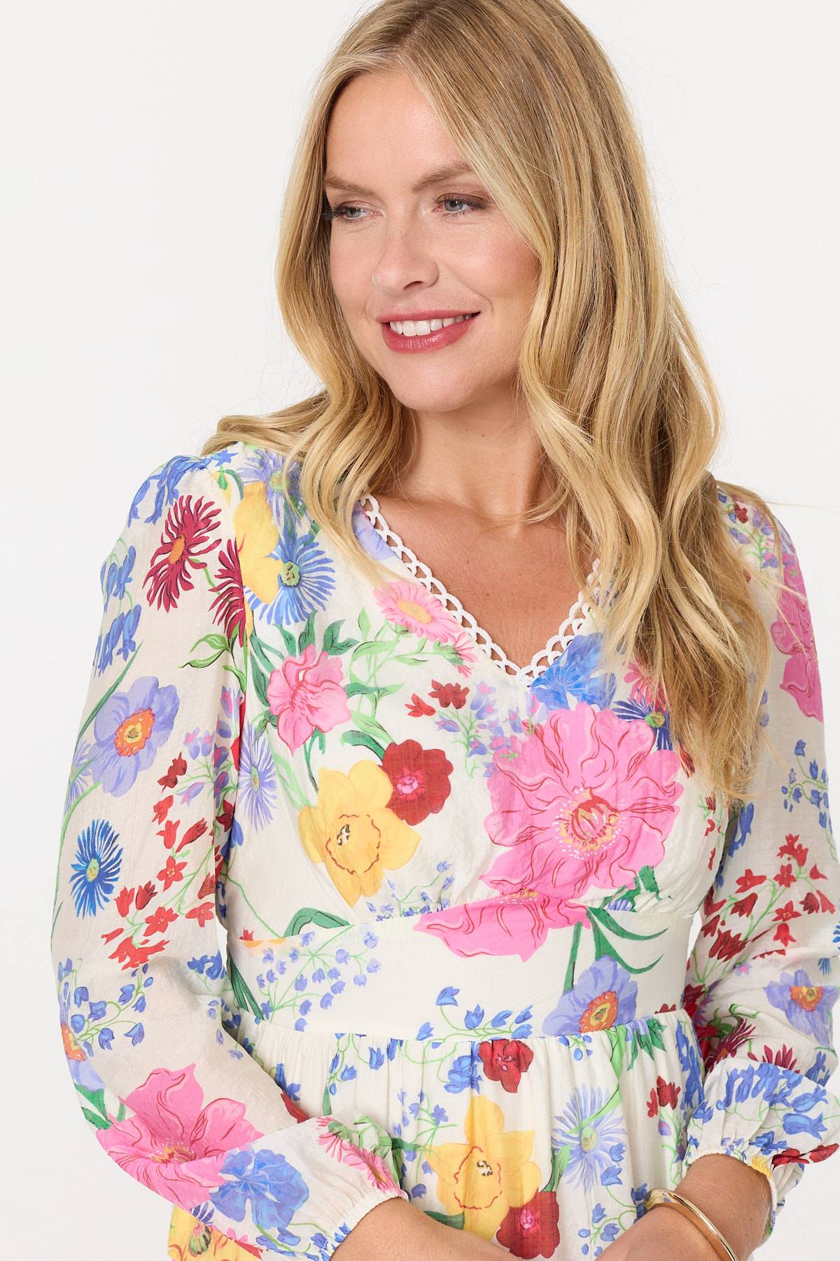 Floral Long Sleeve Tiered Short Dress Full Length View