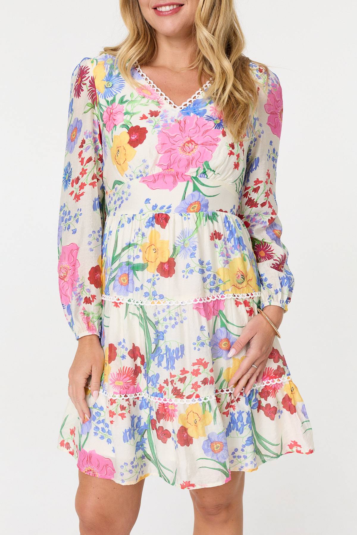 Floral Long Sleeve Tiered Short Dress Styled View