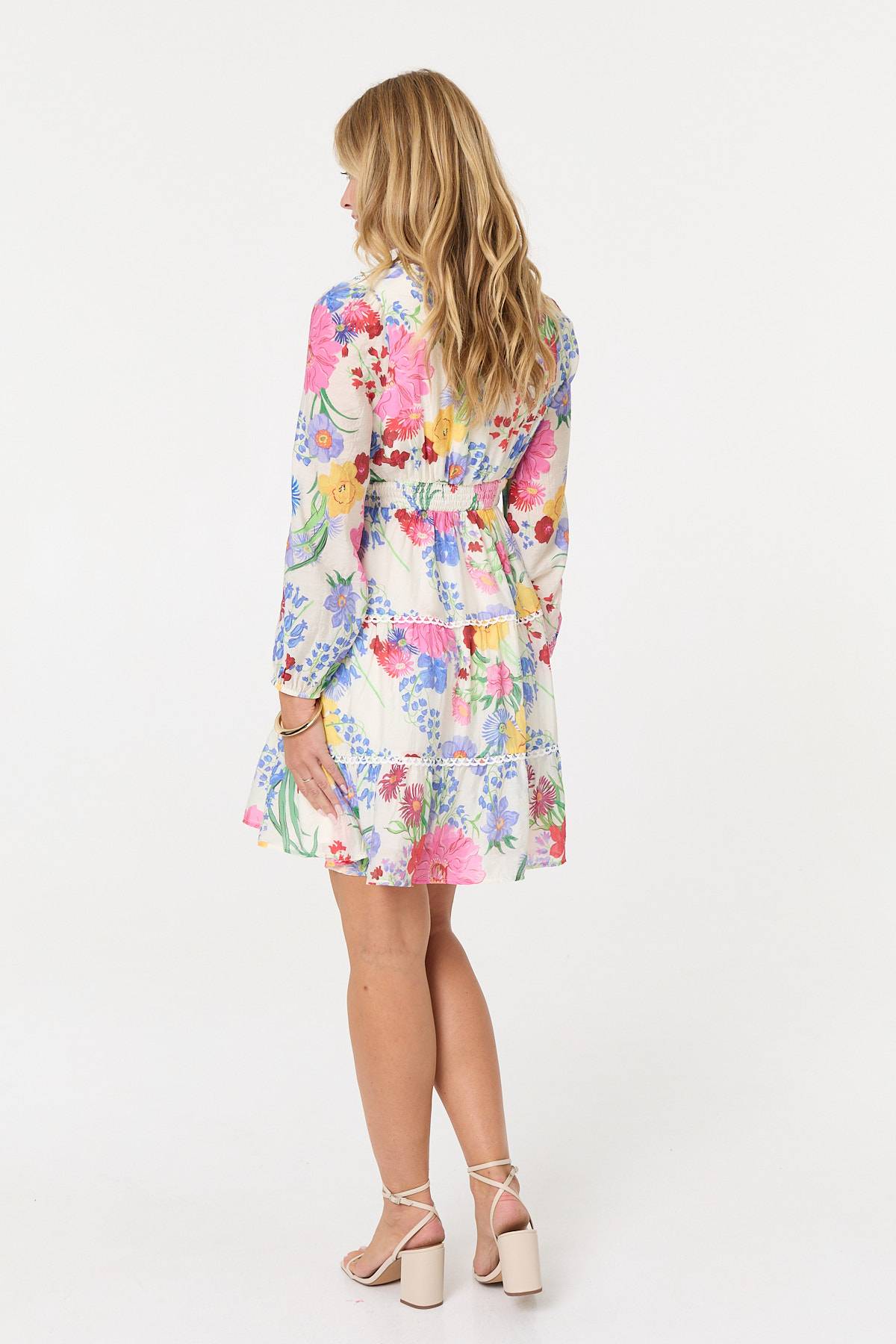 Floral Long Sleeve Tiered Short Dress Detail View