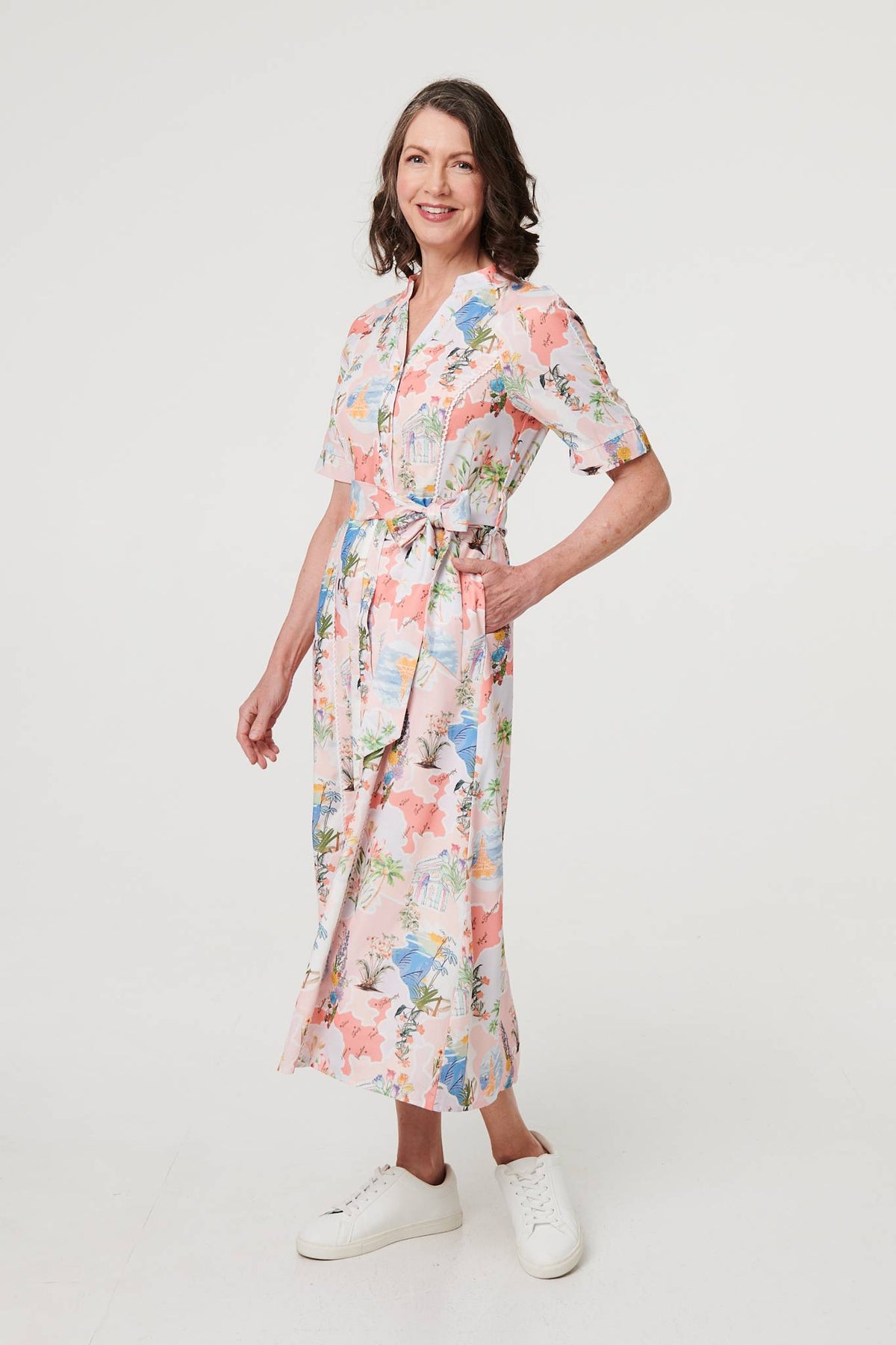 Printed Tie Waist 1/2 Sleeve Midi Dress Full Length View
