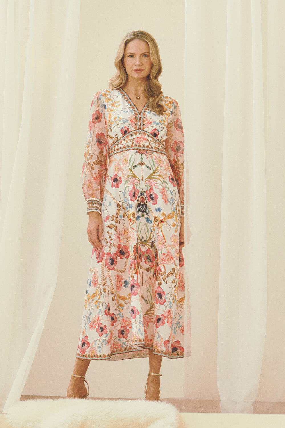 Floral Border Print V-Neck Maxi Dress Front View