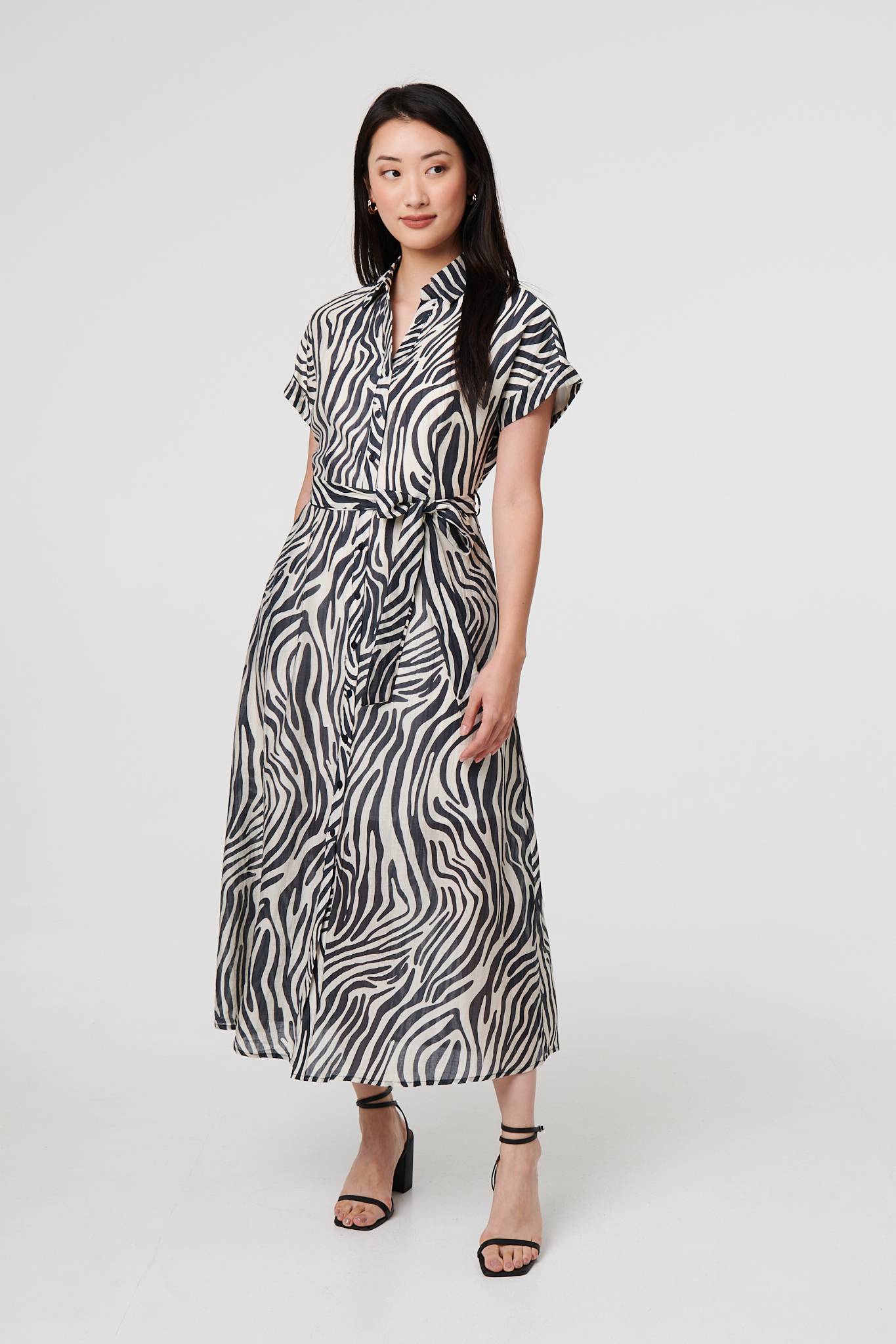 Zebra Print Tie Waist Midi Shirt Dress Full Length View