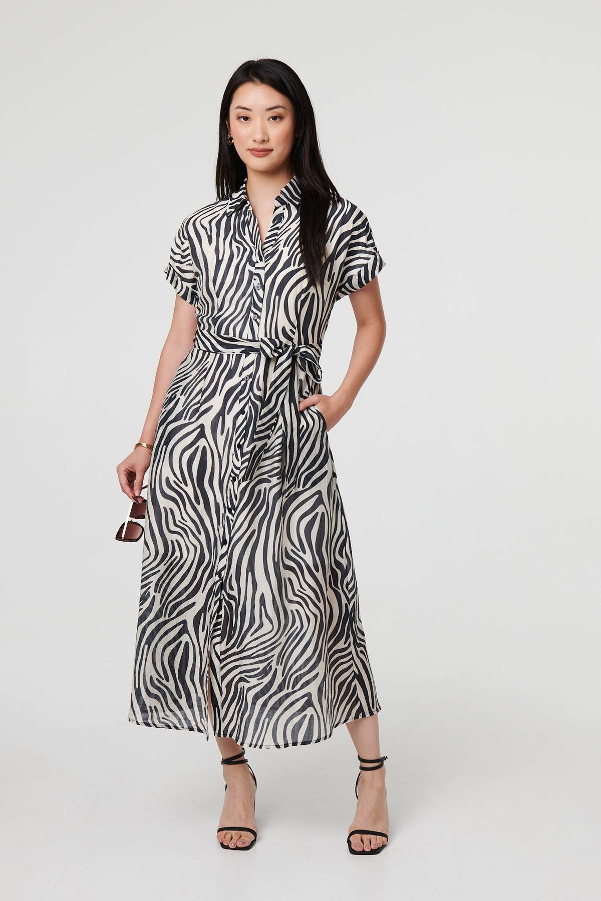 Zebra Print Tie Waist Midi Shirt Dress Front View