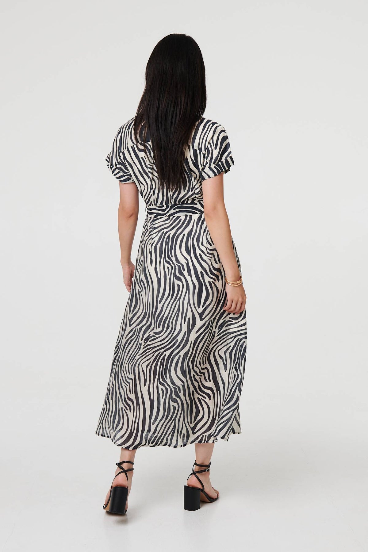 Zebra Print Tie Waist Midi Shirt Dress Detail View