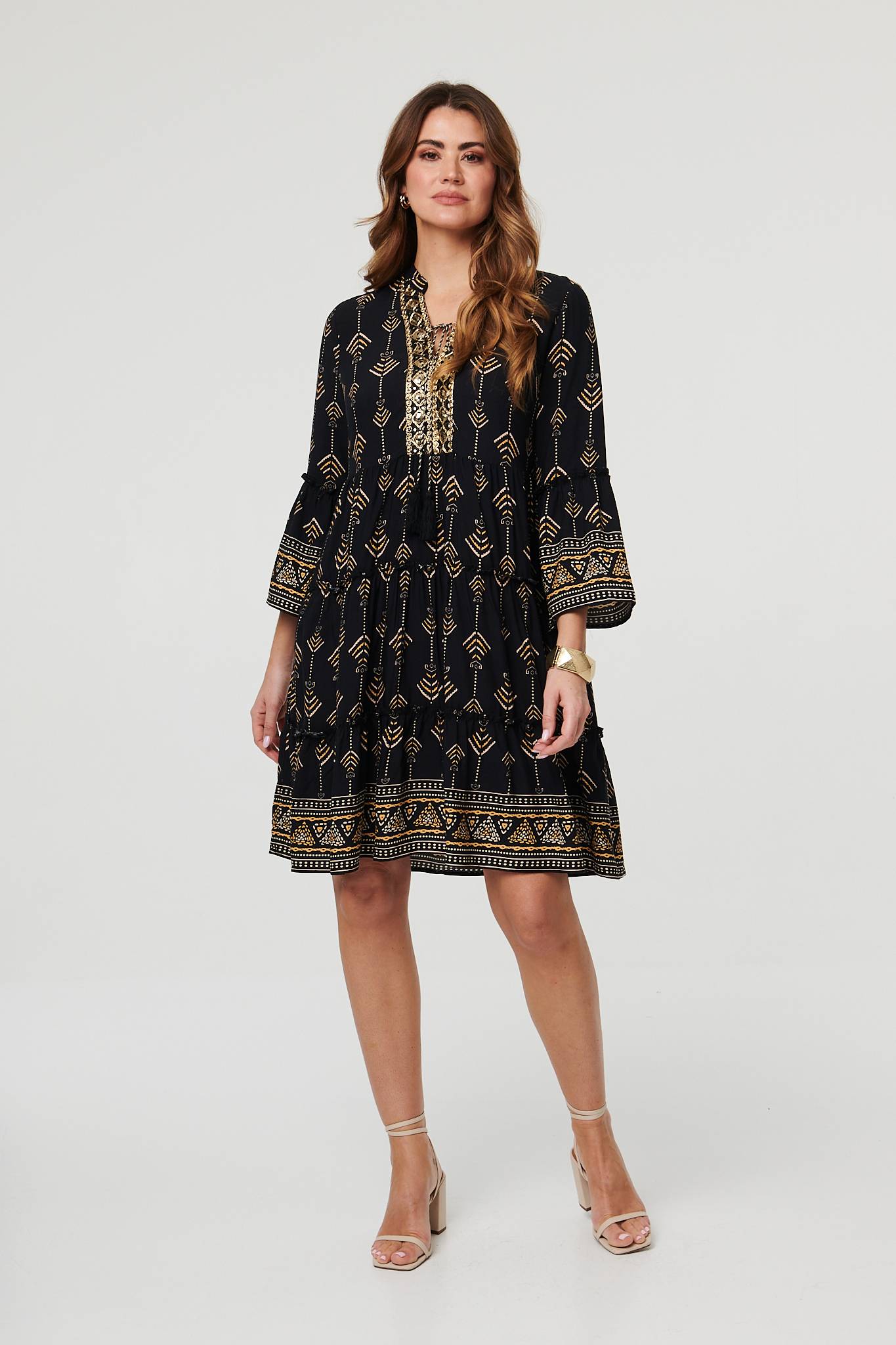 Printed Metallic Trim Knee Length Dress Back View