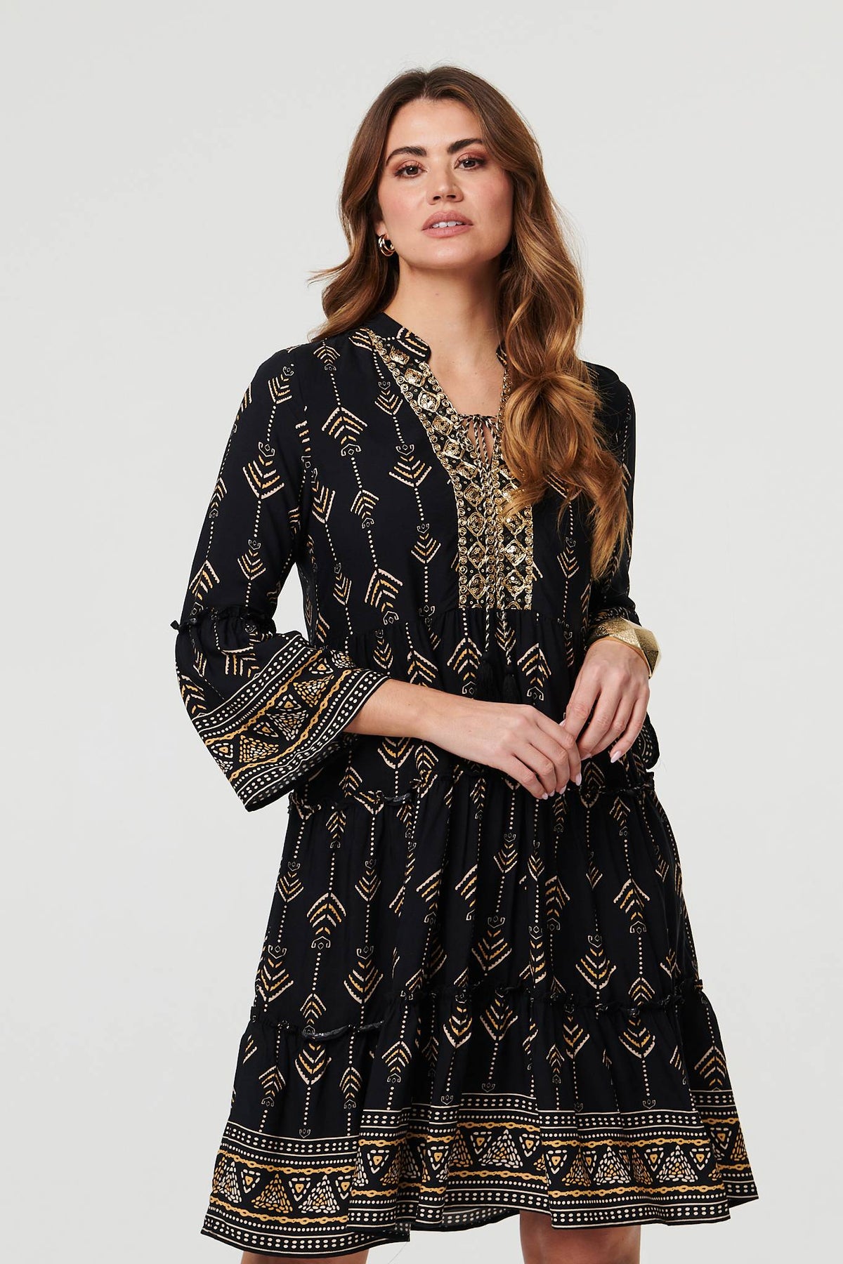 Printed Metallic Trim Knee Length Dress Front View