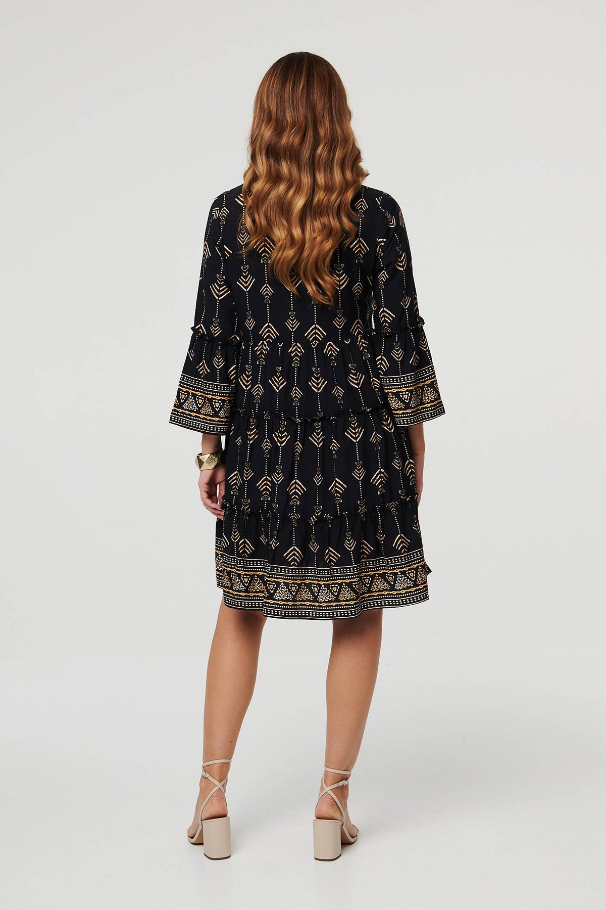 Printed Metallic Trim Knee Length Dress Detail View