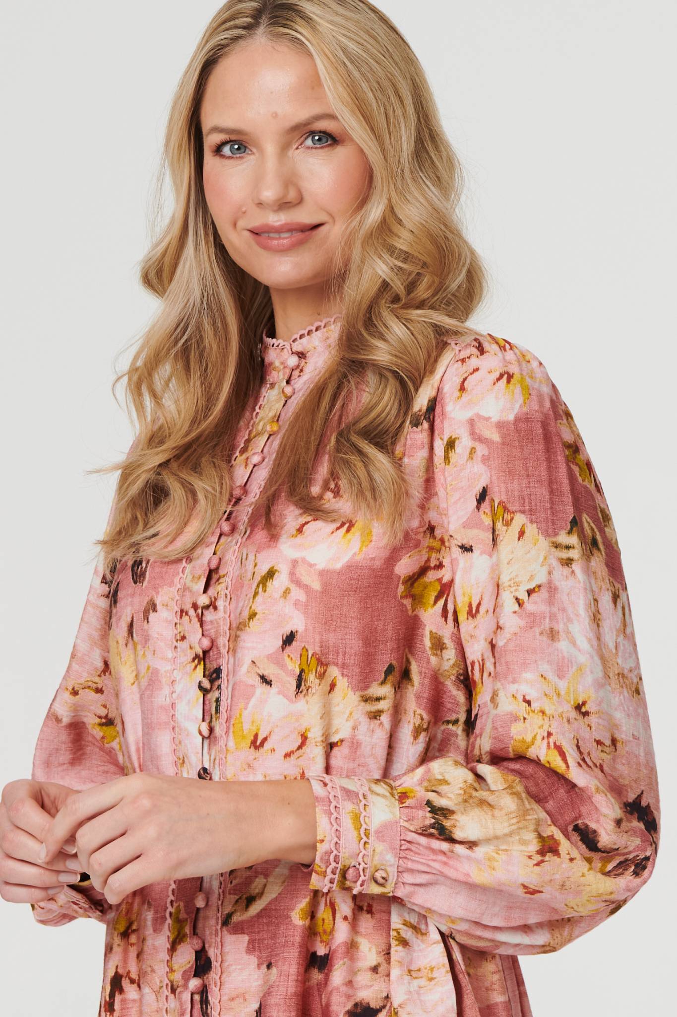 Floral Long Sleeve Short Shirt Dress Styled View