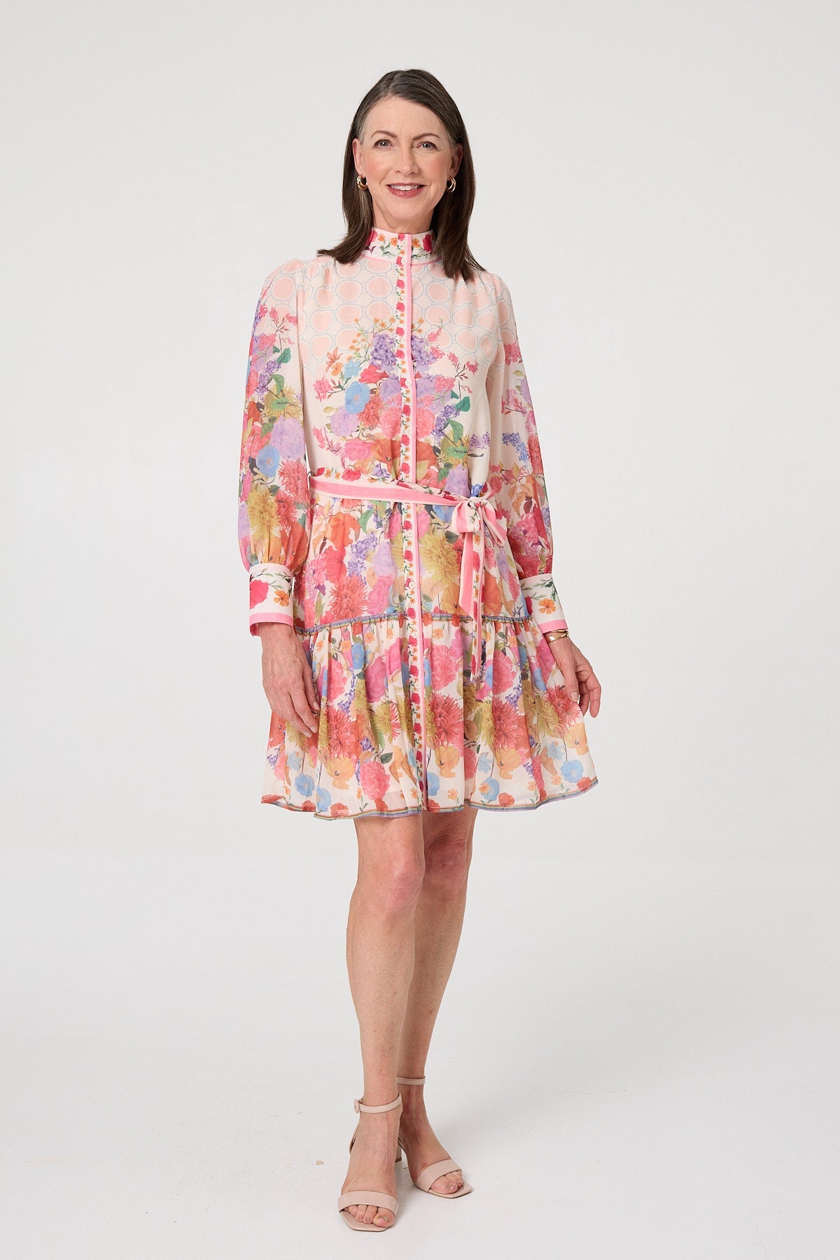 Floral Frill Hem Knee Length Shirt Dress Back View