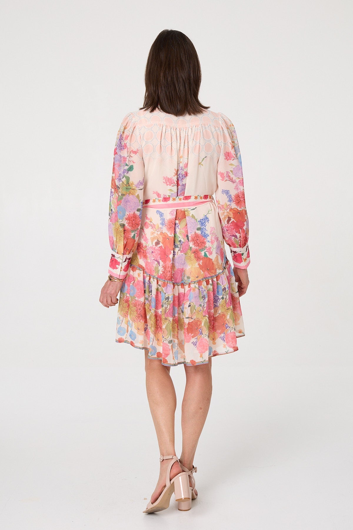 Floral Frill Hem Knee Length Shirt Dress Detail View