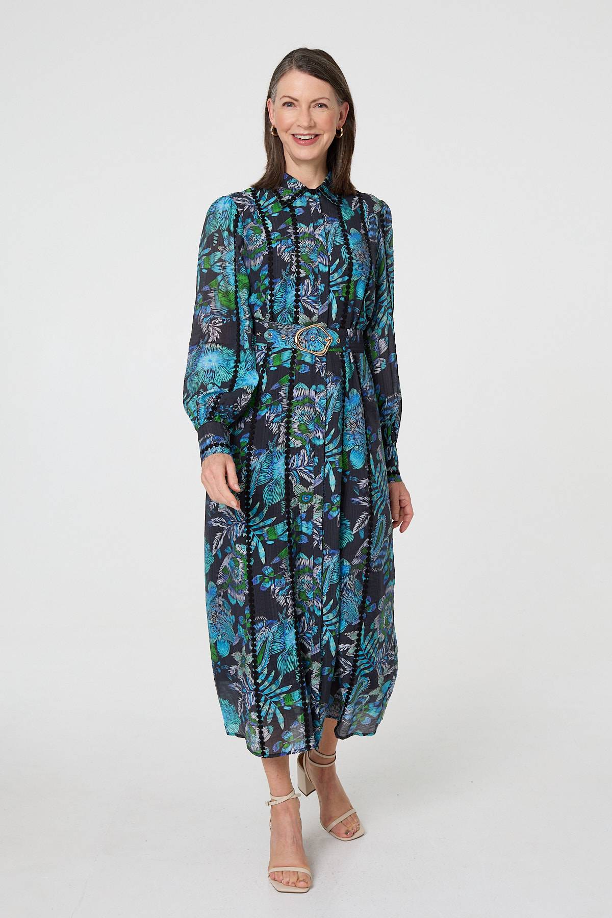 Printed Embellished Belted Maxi Dress Front View