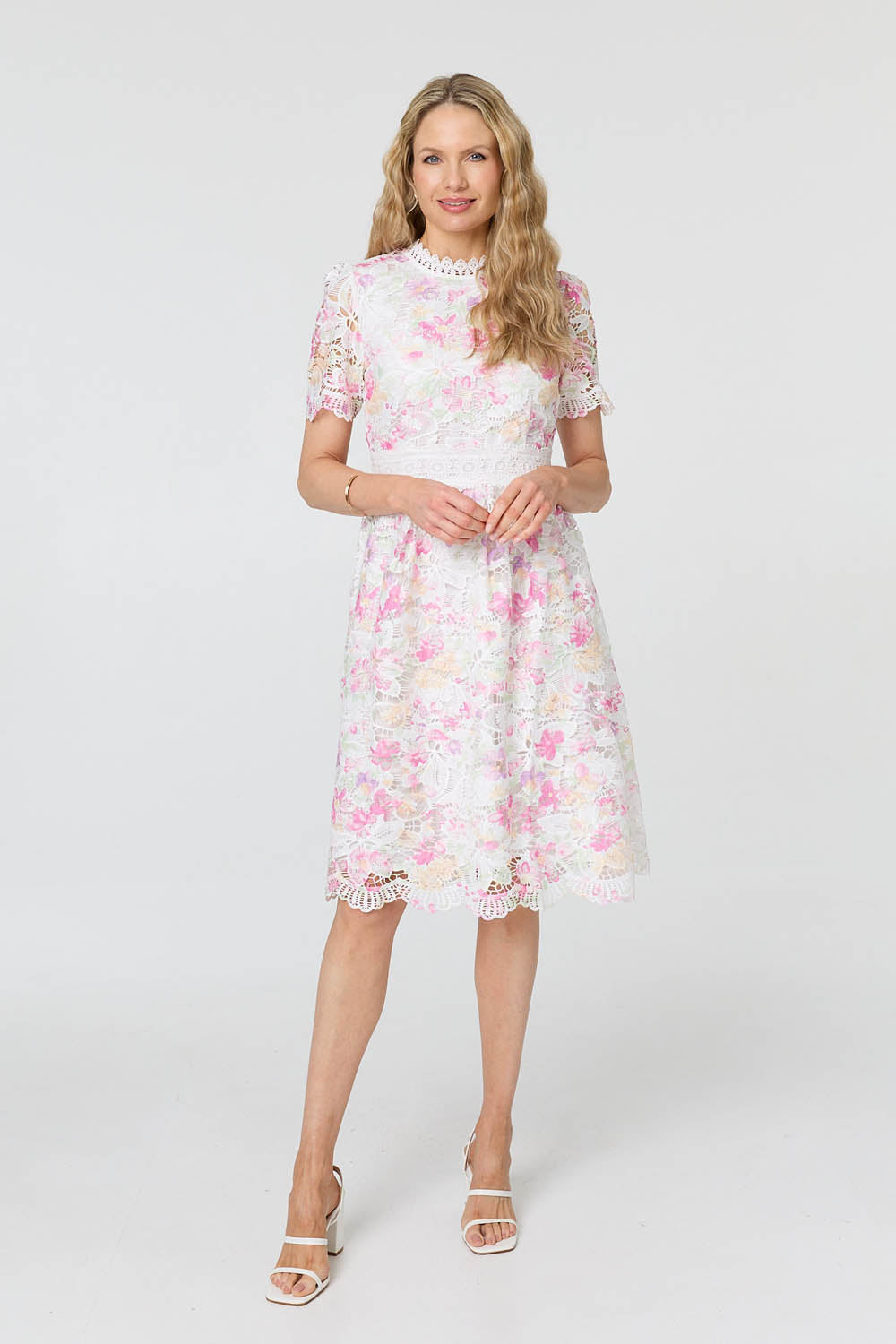 Lace Short Sleeve Knee Length Dress Front View