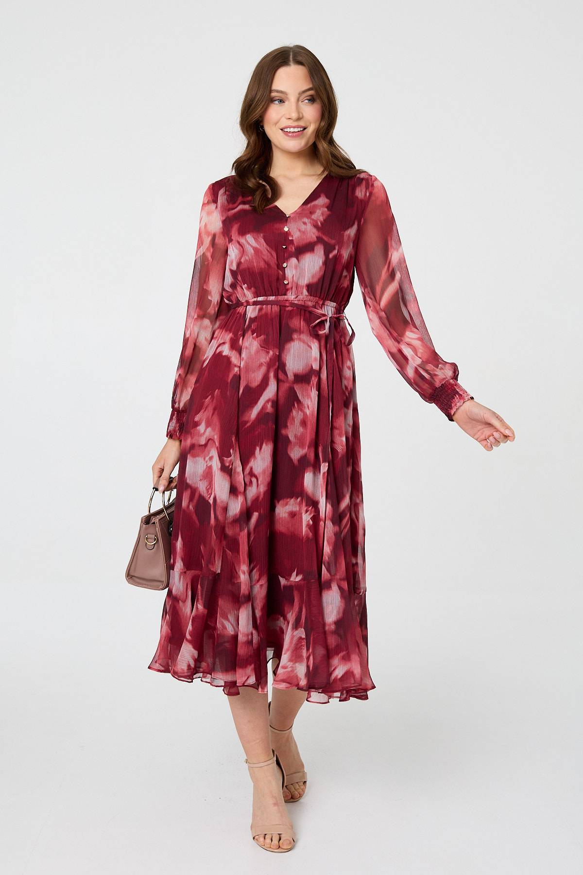 Abstract Floral Semi Sheer Midi Dress Front View