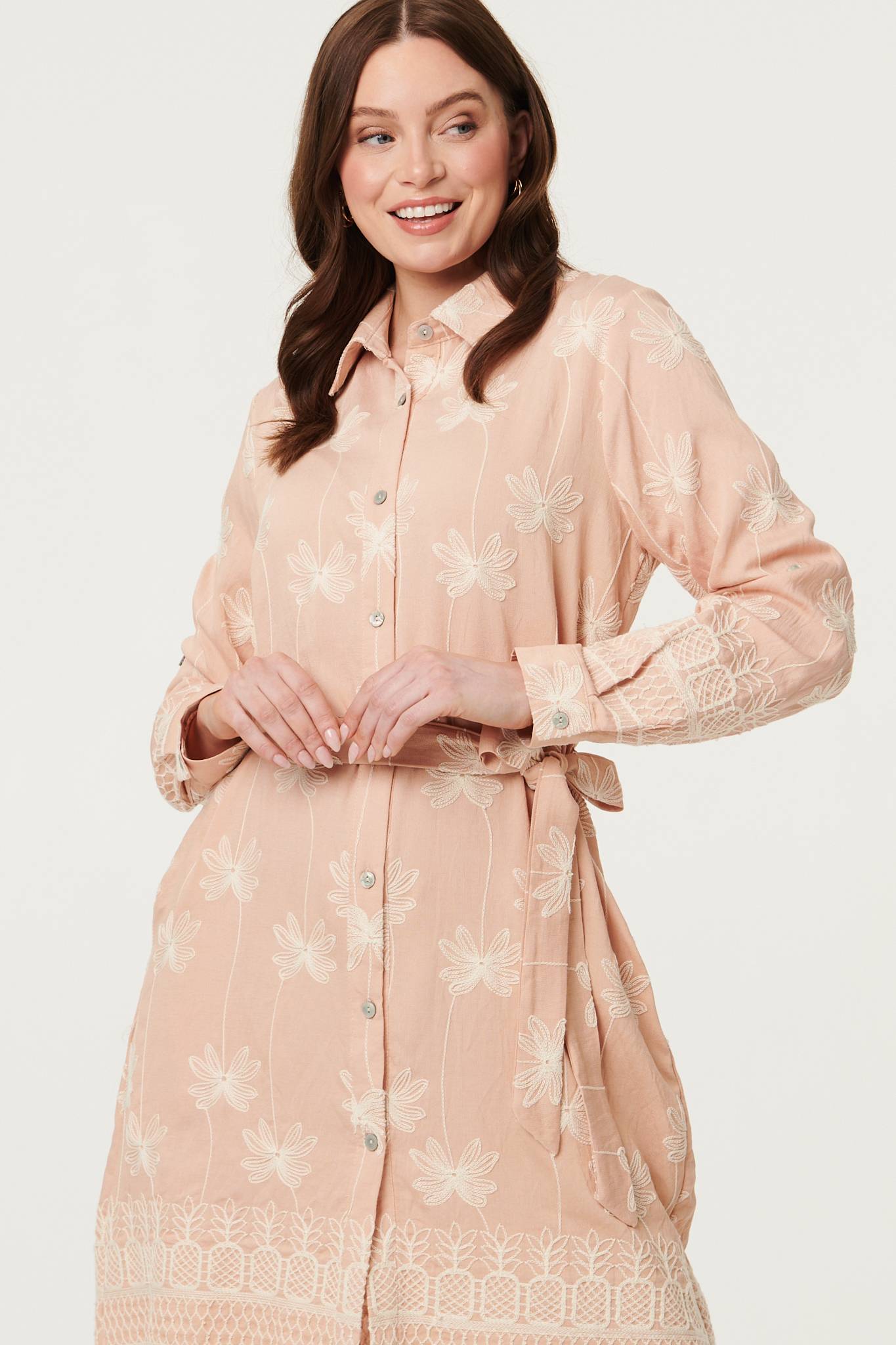 Floral Knee Length Tie Waist Shirt Dress Full Length View