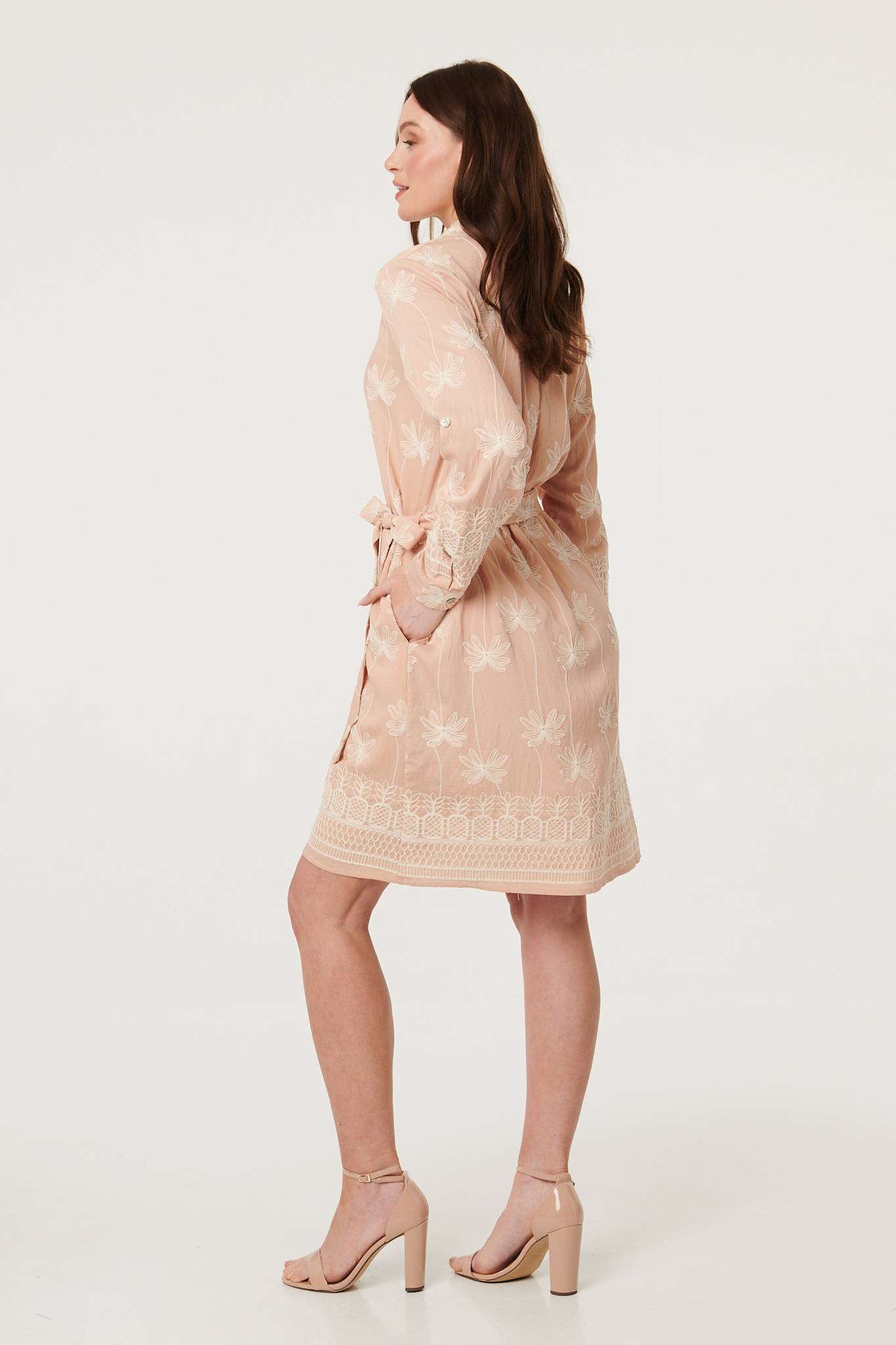 Floral Knee Length Tie Waist Shirt Dress Detail View