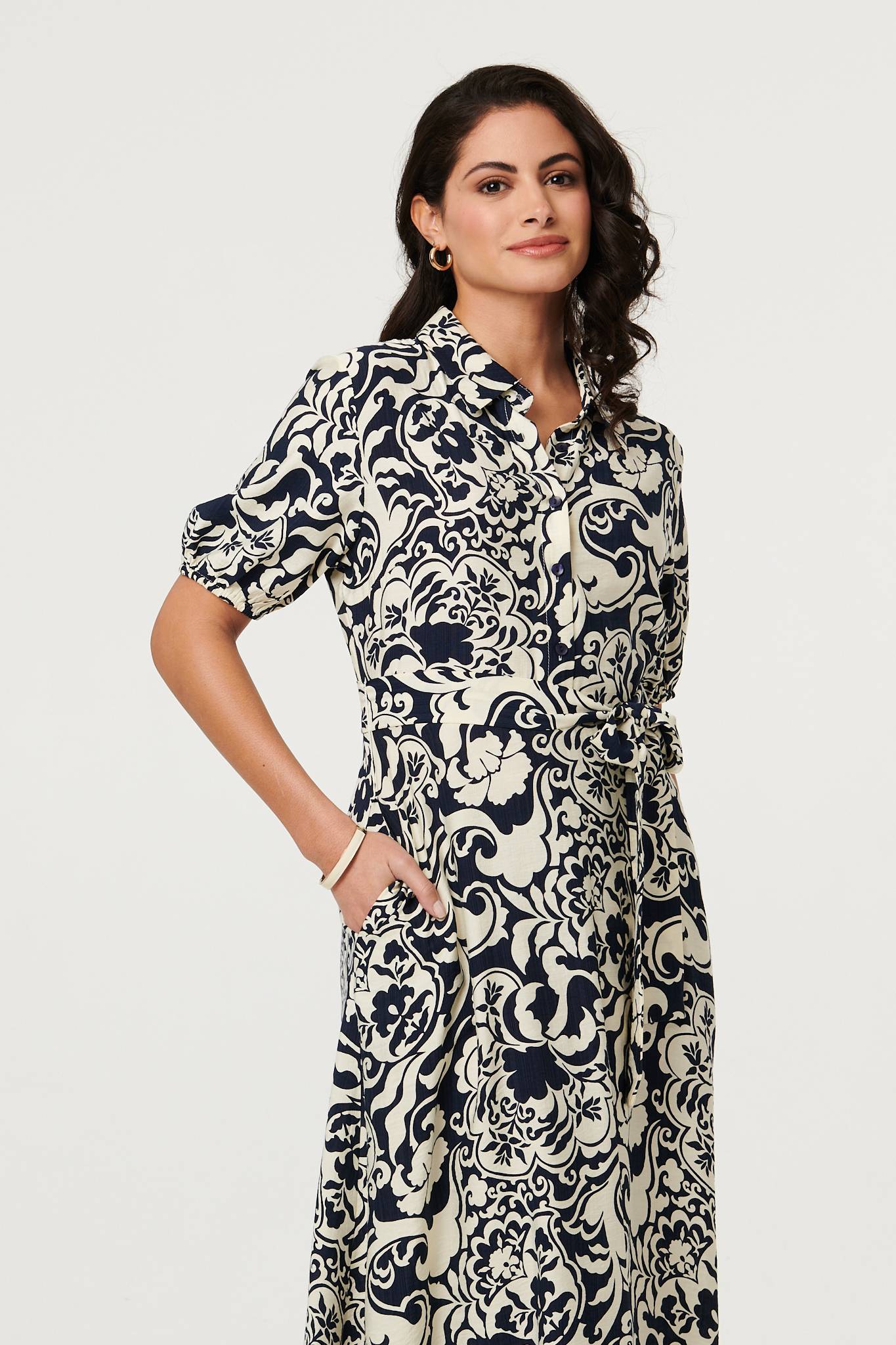 Printed 1/2 Puff Sleeve Midi Shirt Dress Styled View