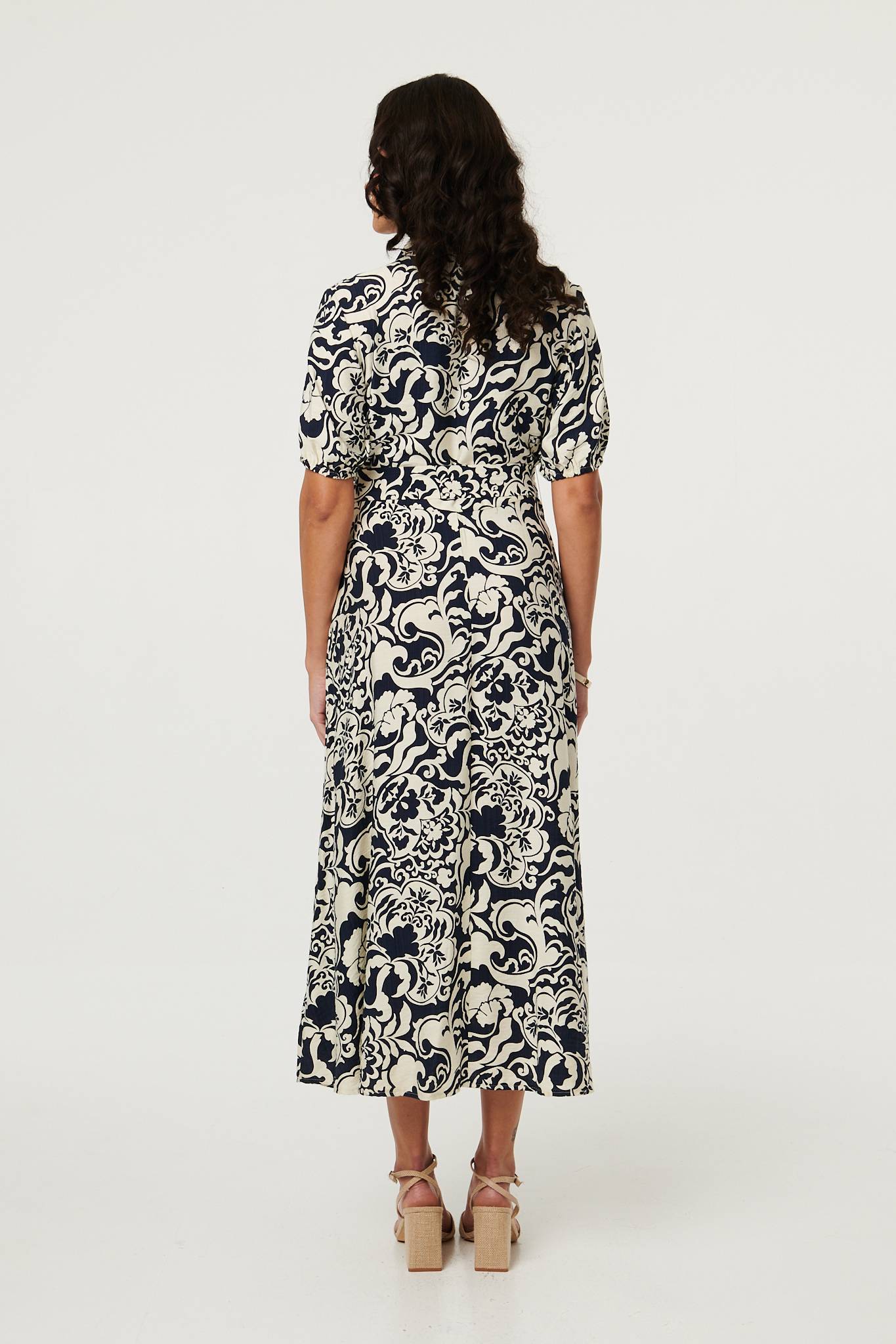 Printed 1/2 Puff Sleeve Midi Shirt Dress Side View