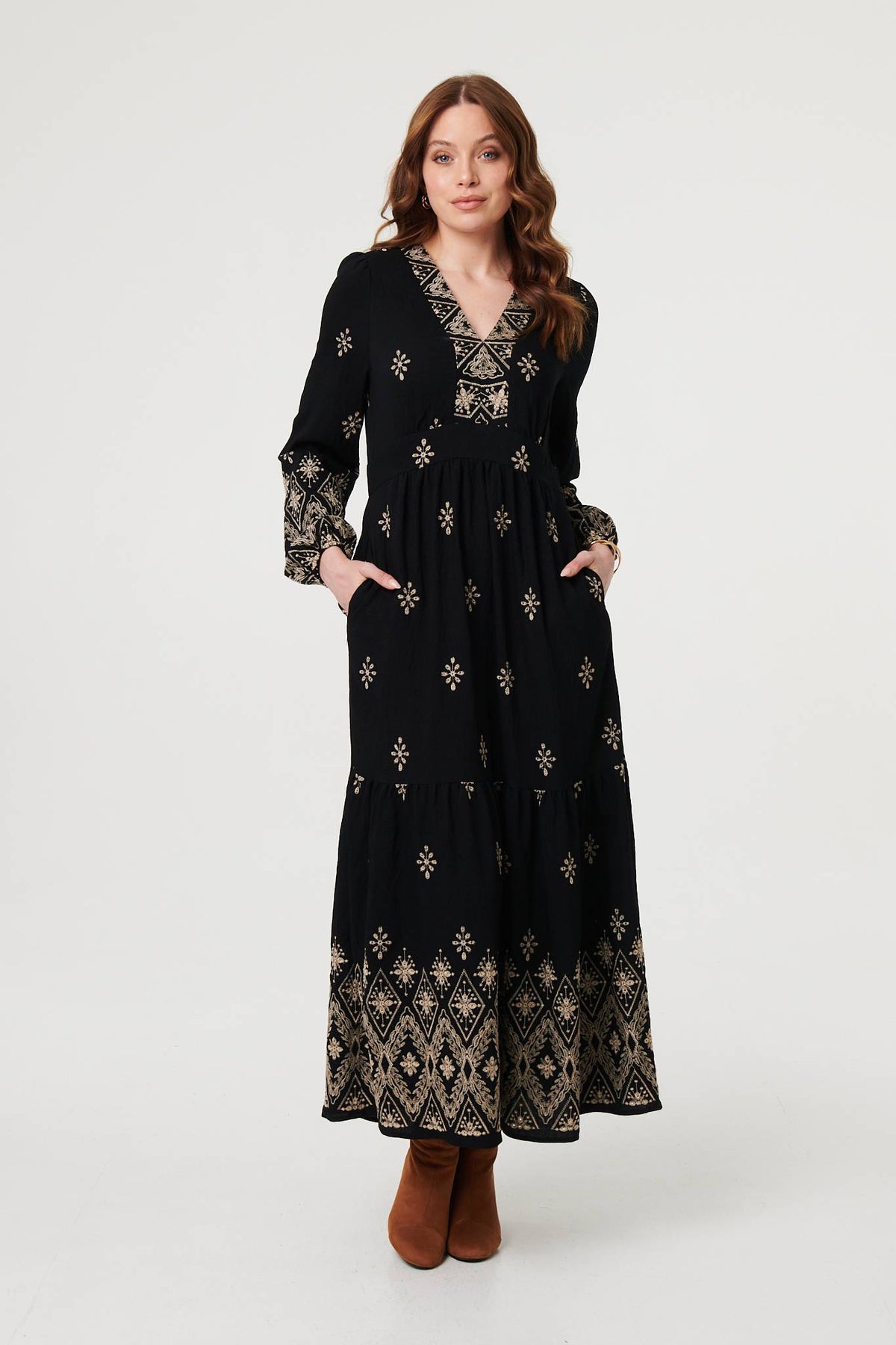 Border Print Long Sleeve Maxi Dress Side View