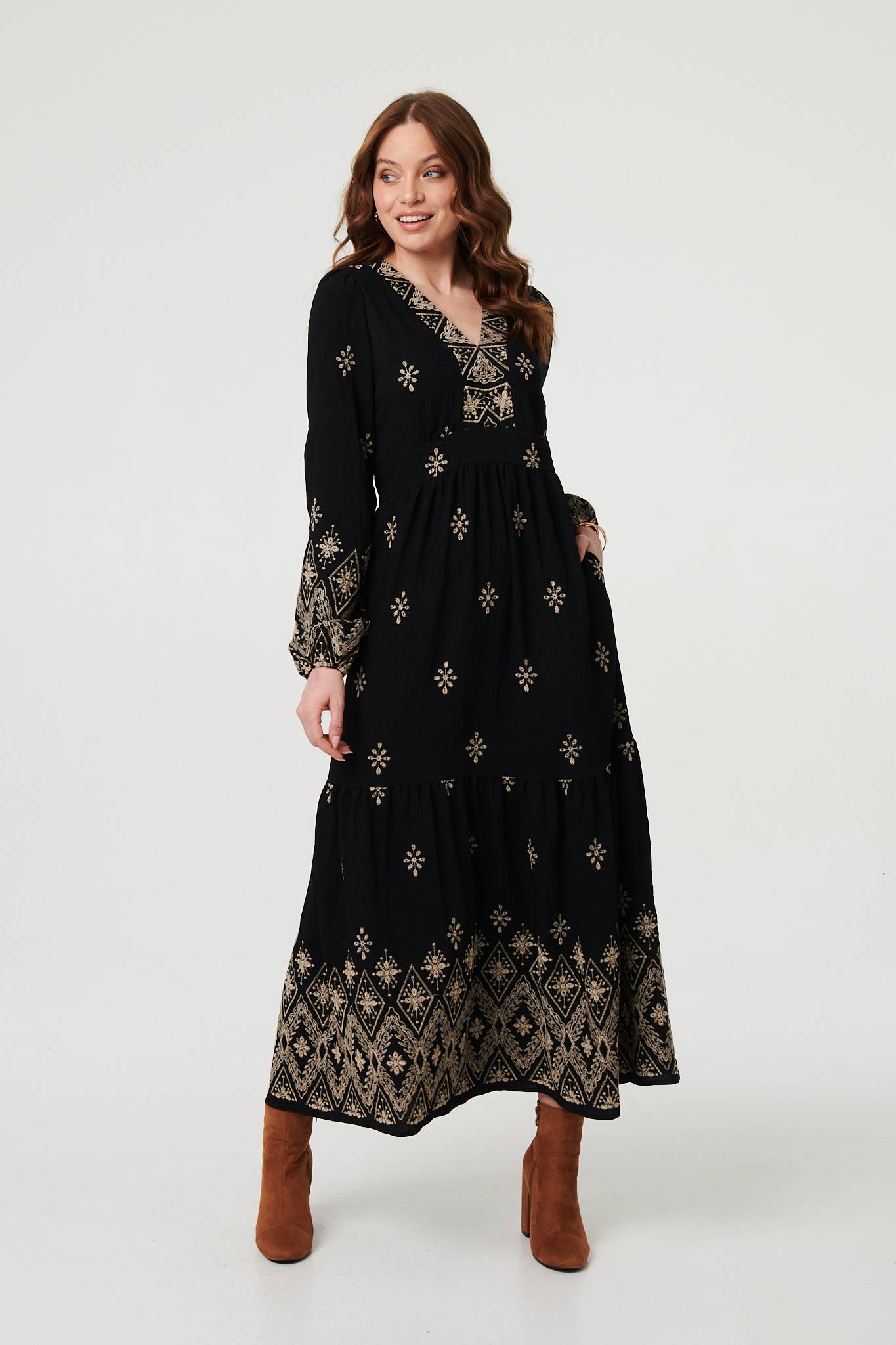Border Print Long Sleeve Maxi Dress Side View 2