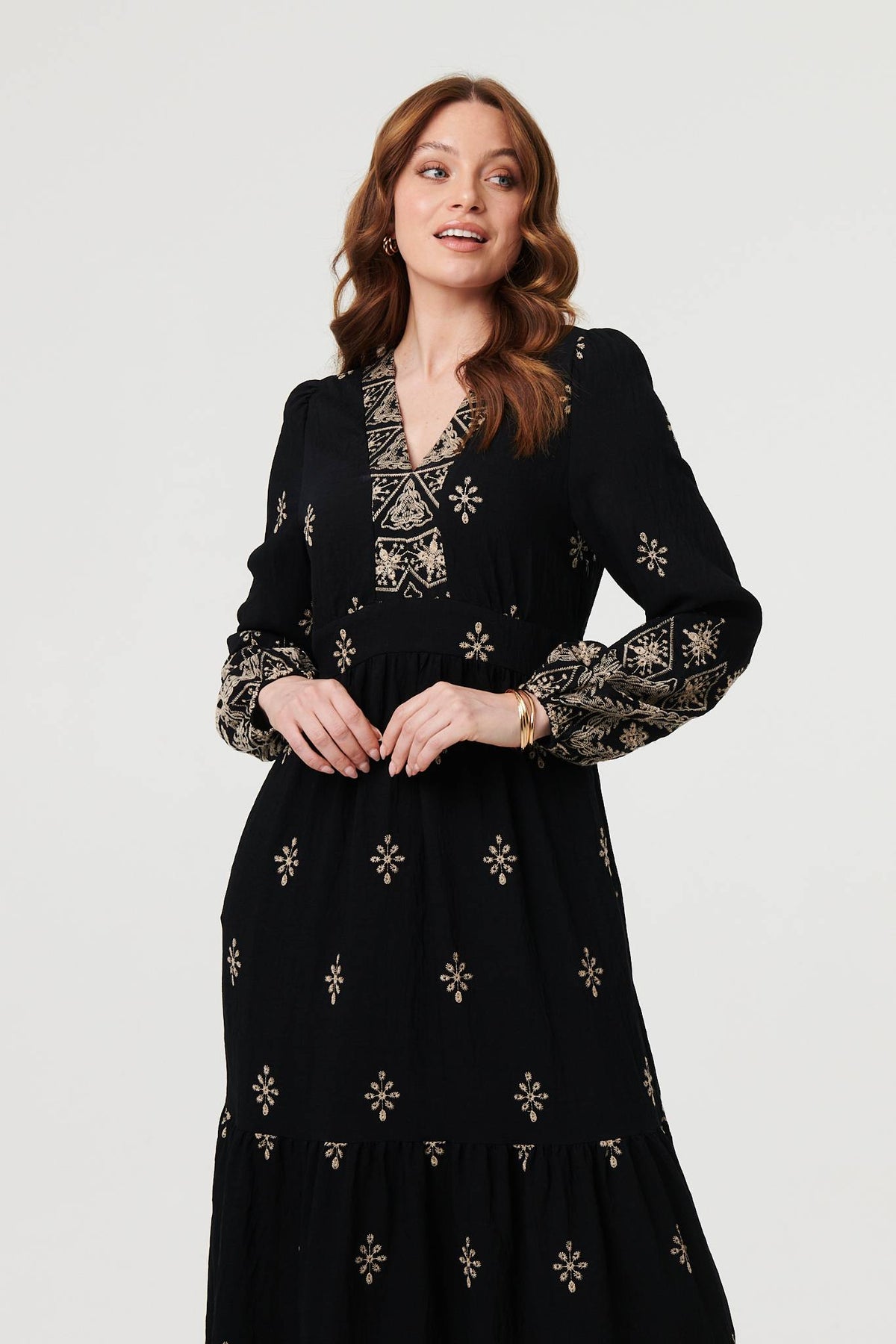 Border Print Long Sleeve Maxi Dress Detail View