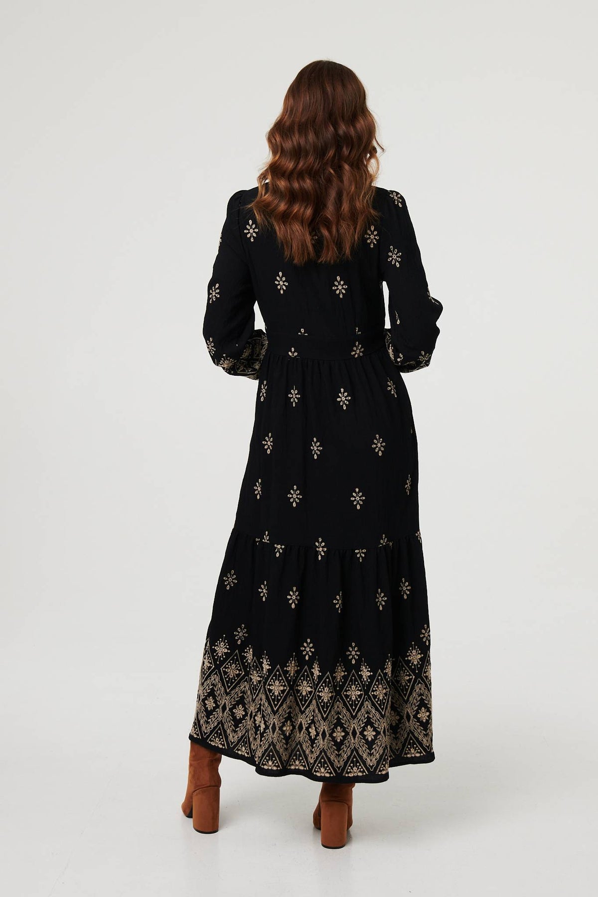 Border Print Long Sleeve Maxi Dress Styled View