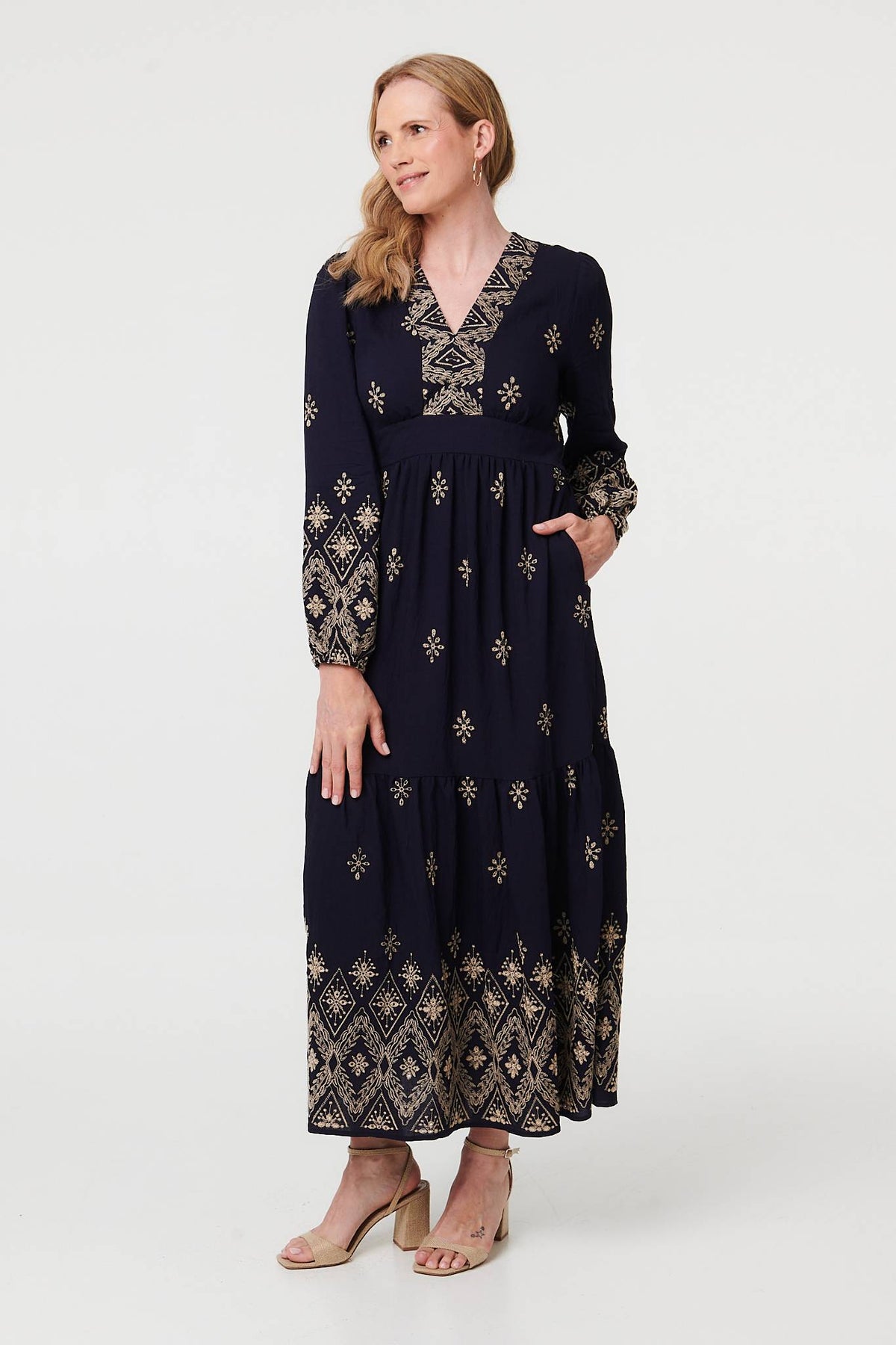 Border Print Long Sleeve Maxi Dress Styled View 3