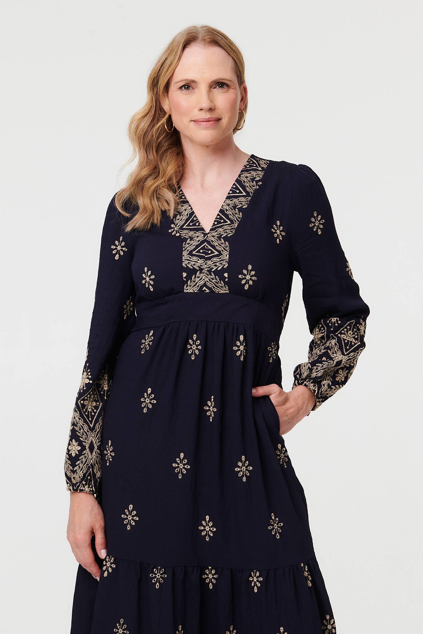 Border Print Long Sleeve Maxi Dress Full Length View 3