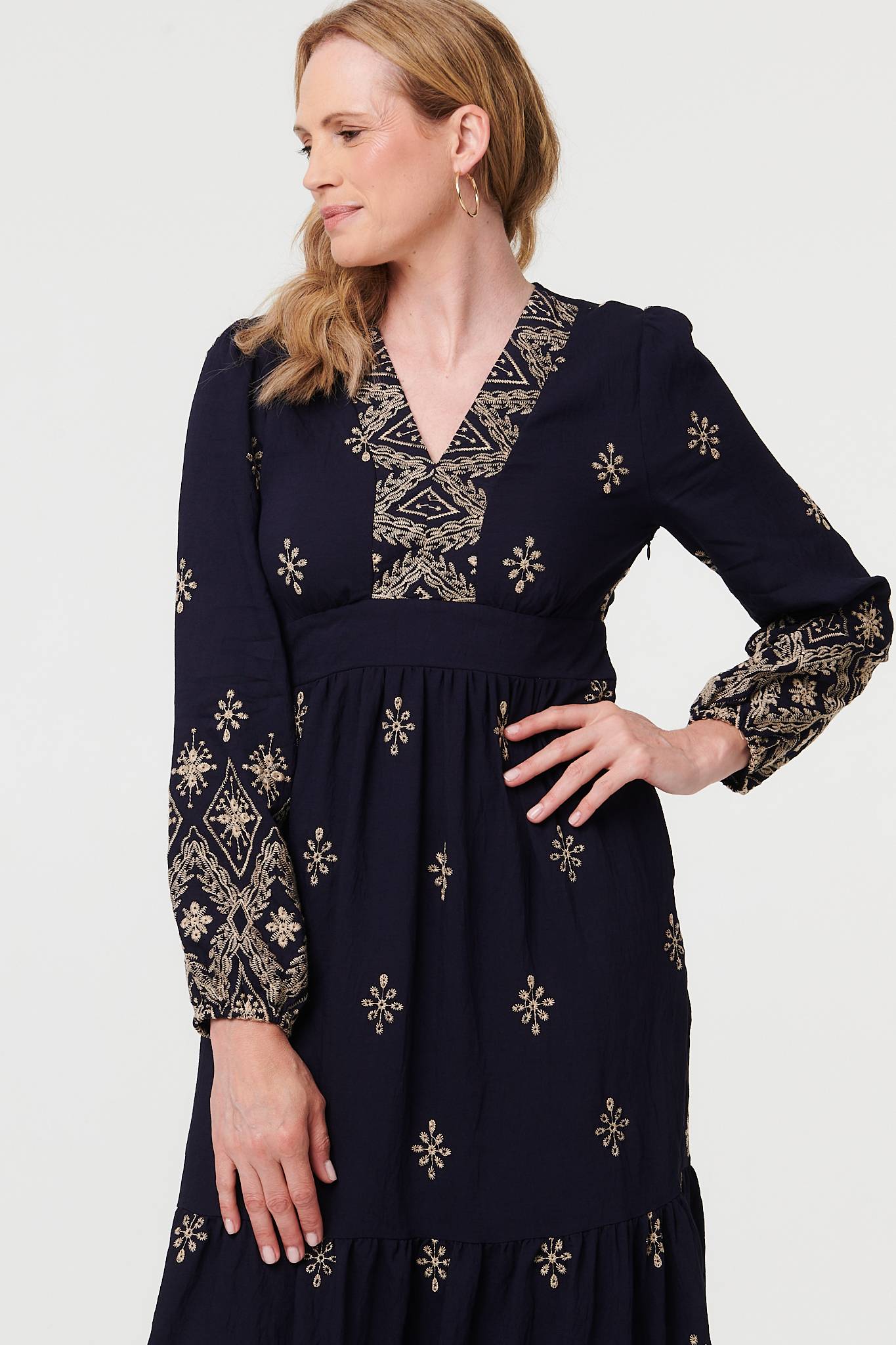 Border Print Long Sleeve Maxi Dress Detail View 4