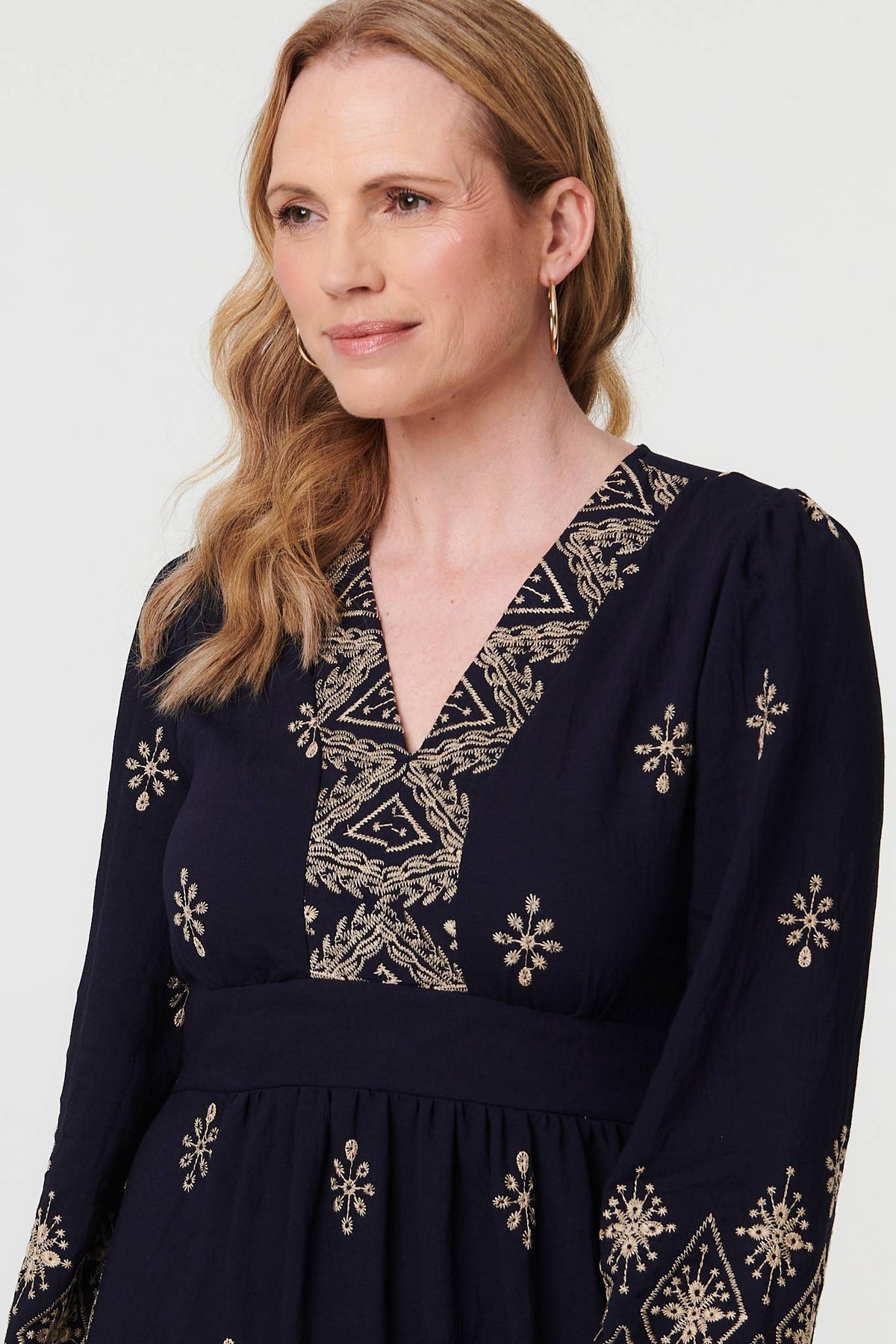 Border Print Long Sleeve Maxi Dress Side View 4